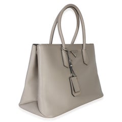 Prada Light Grey Saffiano Cuir Large Turnlock Twin Tote