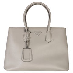 Prada Light Grey Saffiano Cuir Large Turnlock Twin Tote