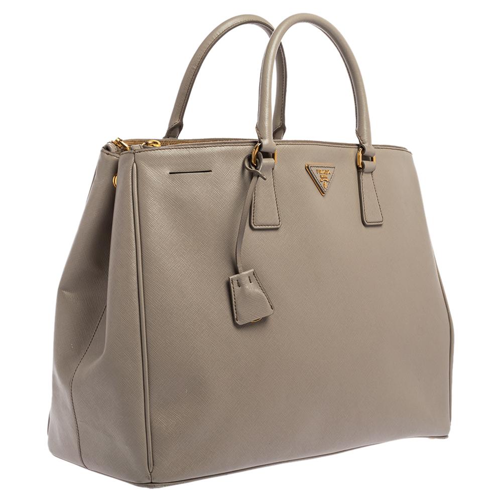Brown Prada Light Grey Saffiano Lux Leather Executive Double Zip Tote