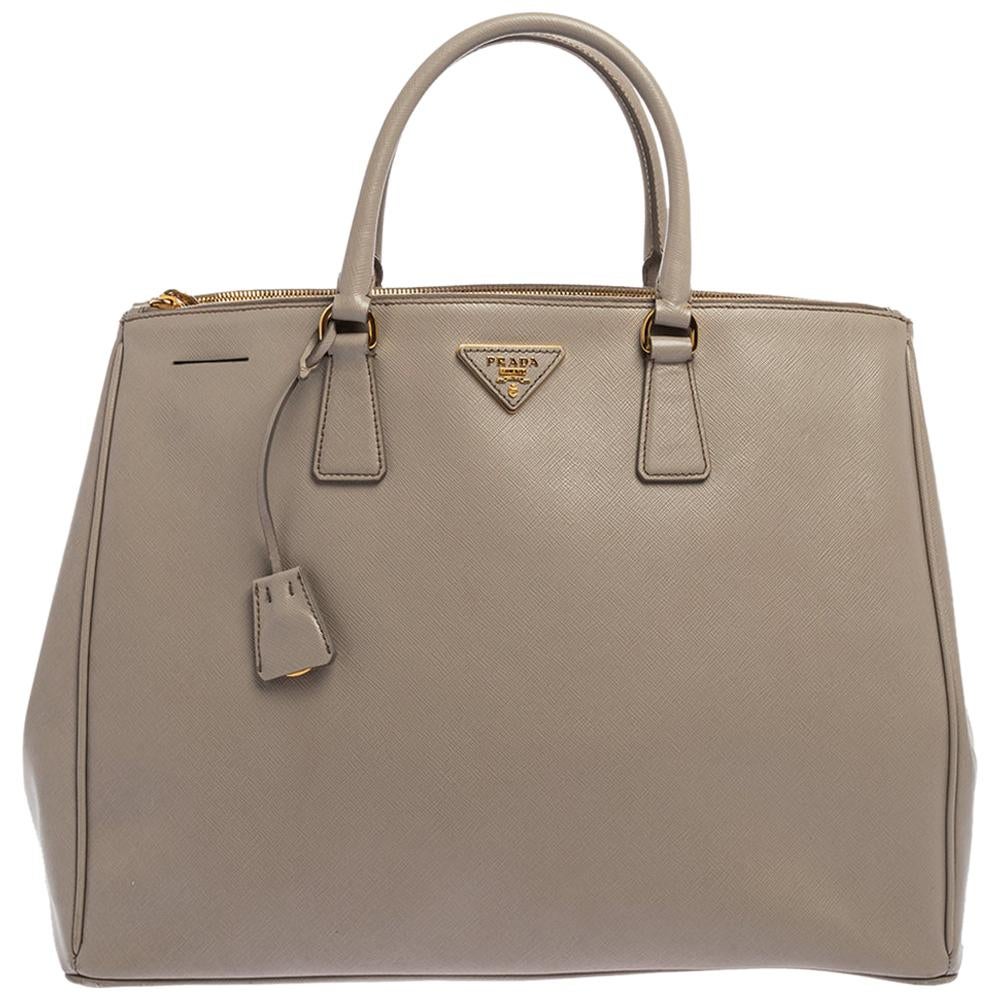 Prada Light Grey Saffiano Lux Leather Executive Double Zip Tote