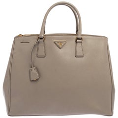 Prada Light Grey Saffiano Lux Leather Executive Double Zip Tote
