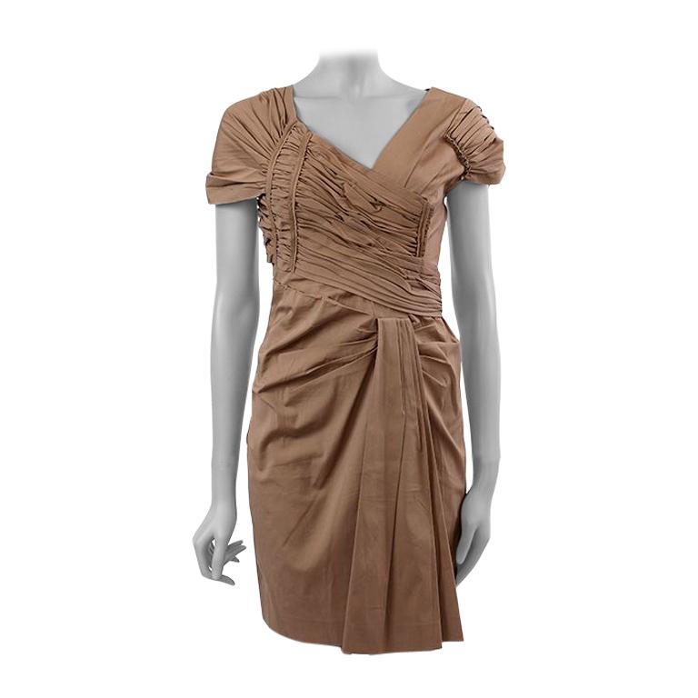 PRADA light khaki brown cotton GATHERED Cocktail Dress 40 For Sale at