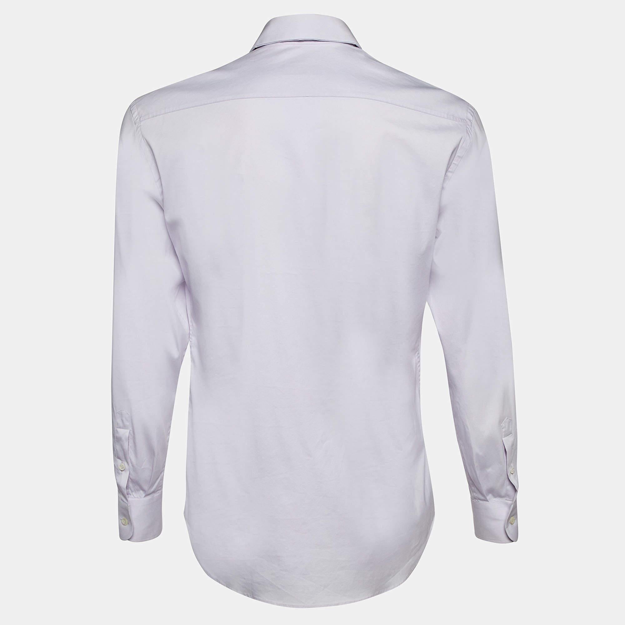 Explore Prada for smart wardrobe staples. Cut to a classy fit this light lavender mens shirt is crafted using stretch cotton to grant you all day comfort.