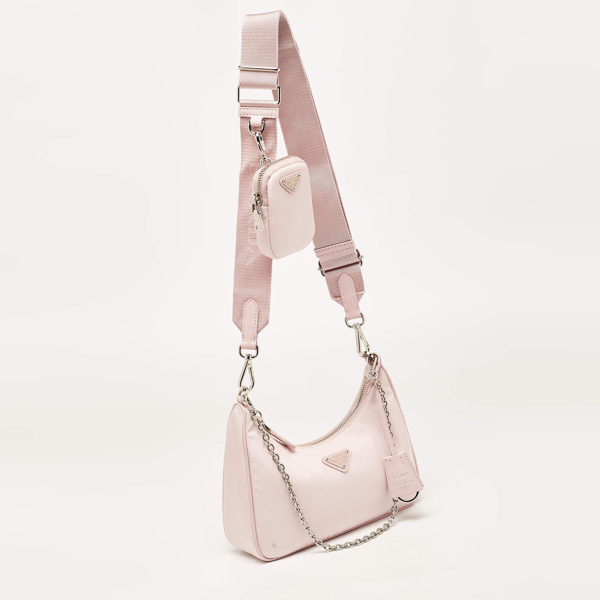 Prada Light Pink Nylon and Leather Re-Edition 2005 Baguette Bag In Good Condition In Dubai, Al Qouz 2