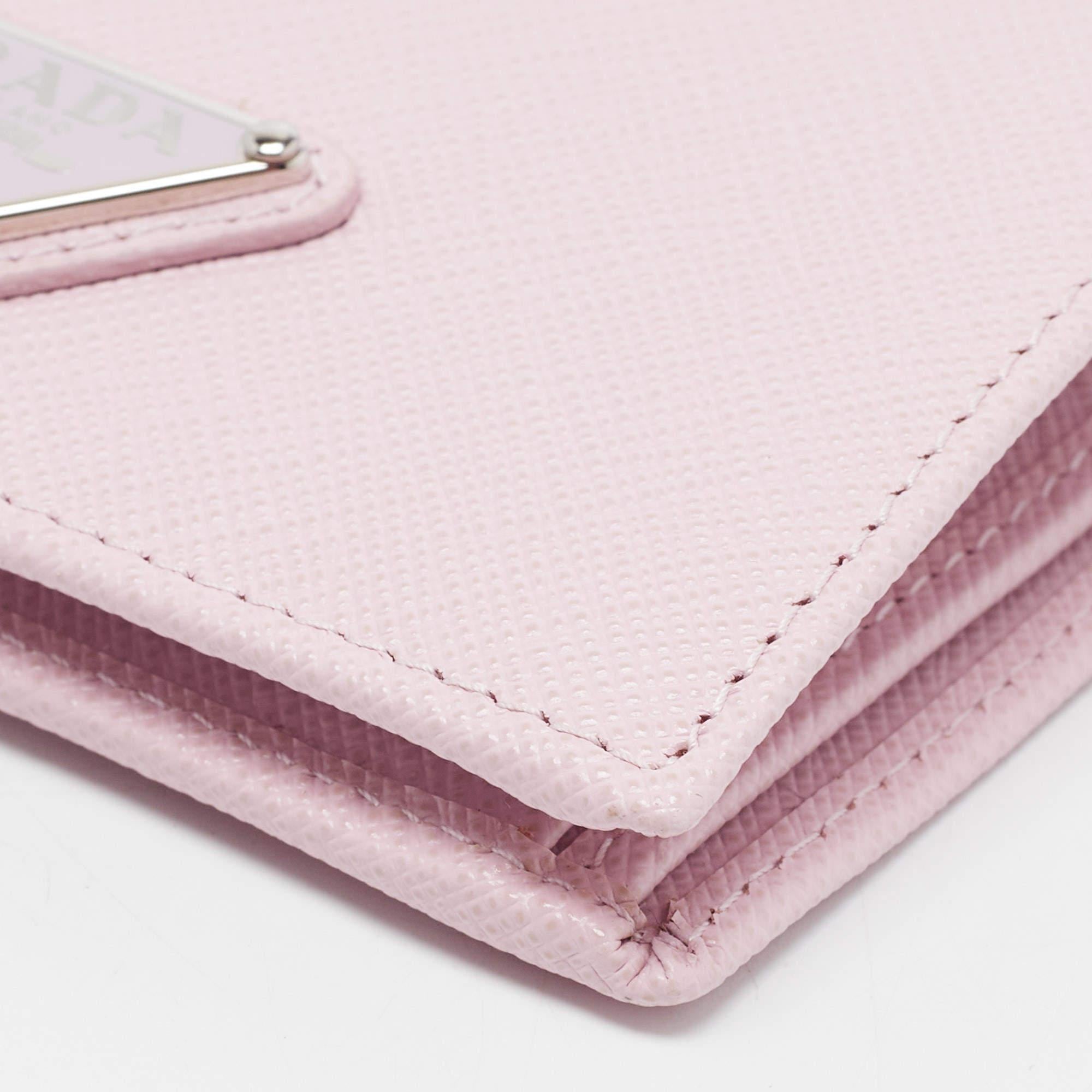 Beige Prada Light Pink Saffiano Metal Leather Bifold Compact Wallet