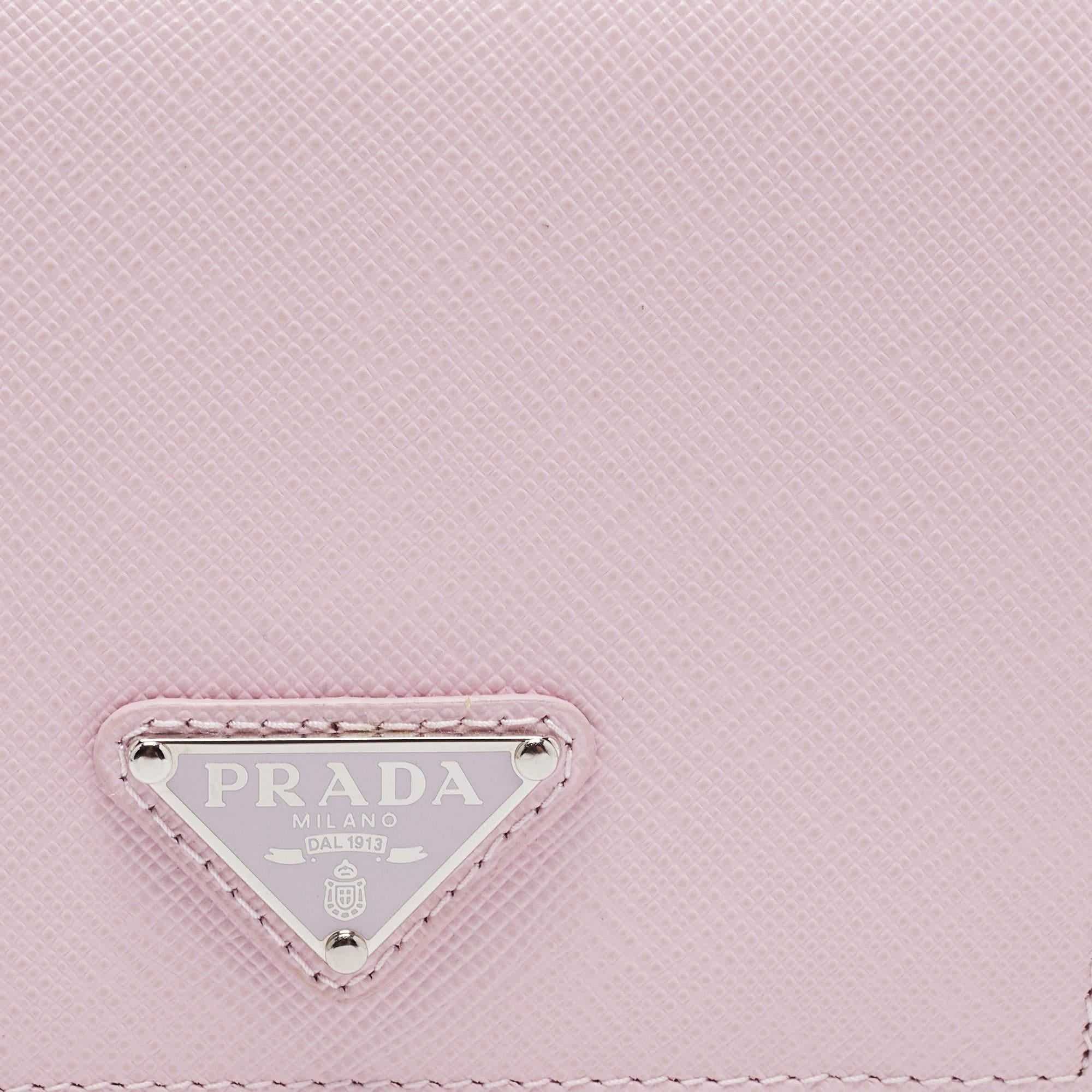 Prada Light Pink Saffiano Metal Leather Bifold Compact Wallet 1