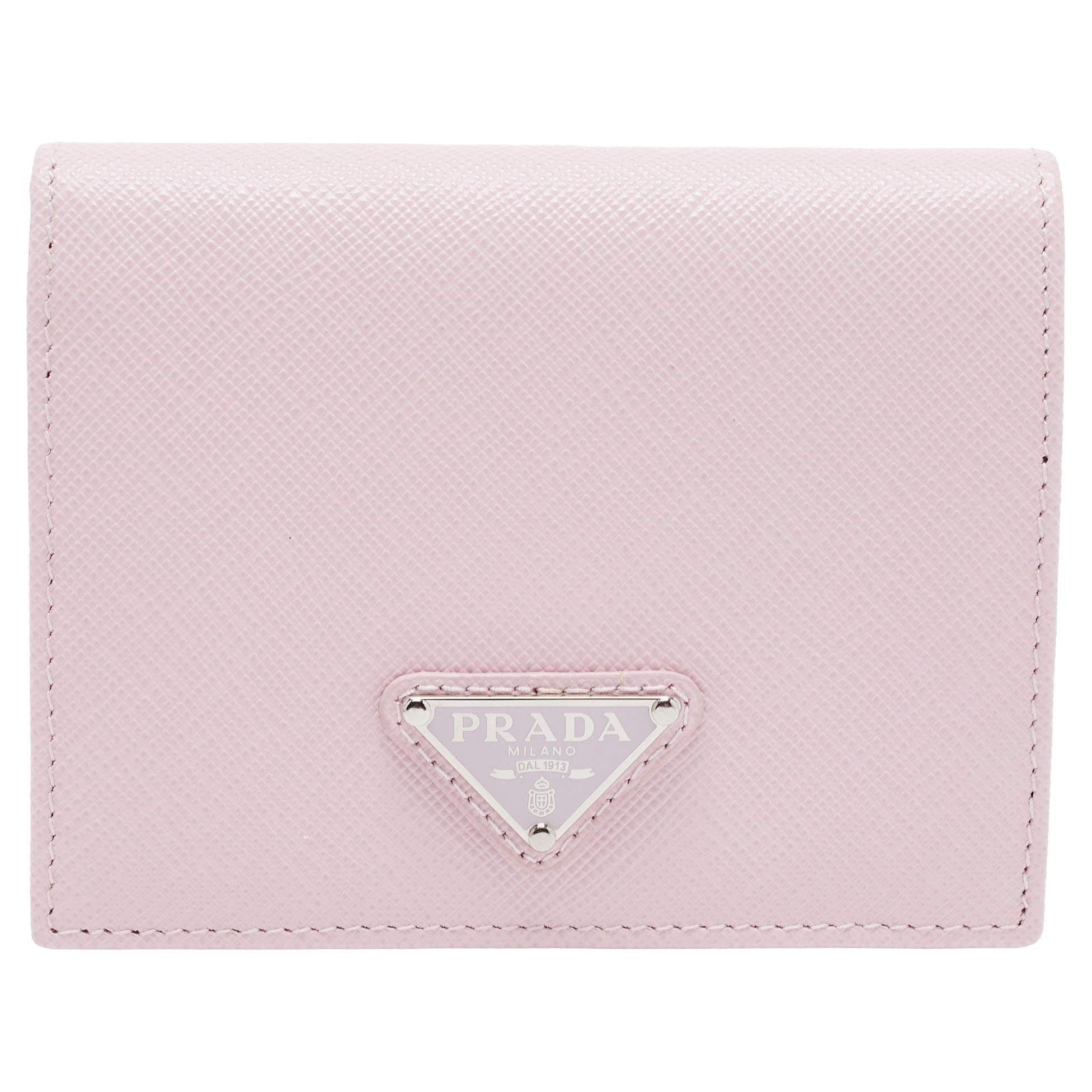 Prada Light Pink Saffiano Metal Leather Bifold Compact Wallet