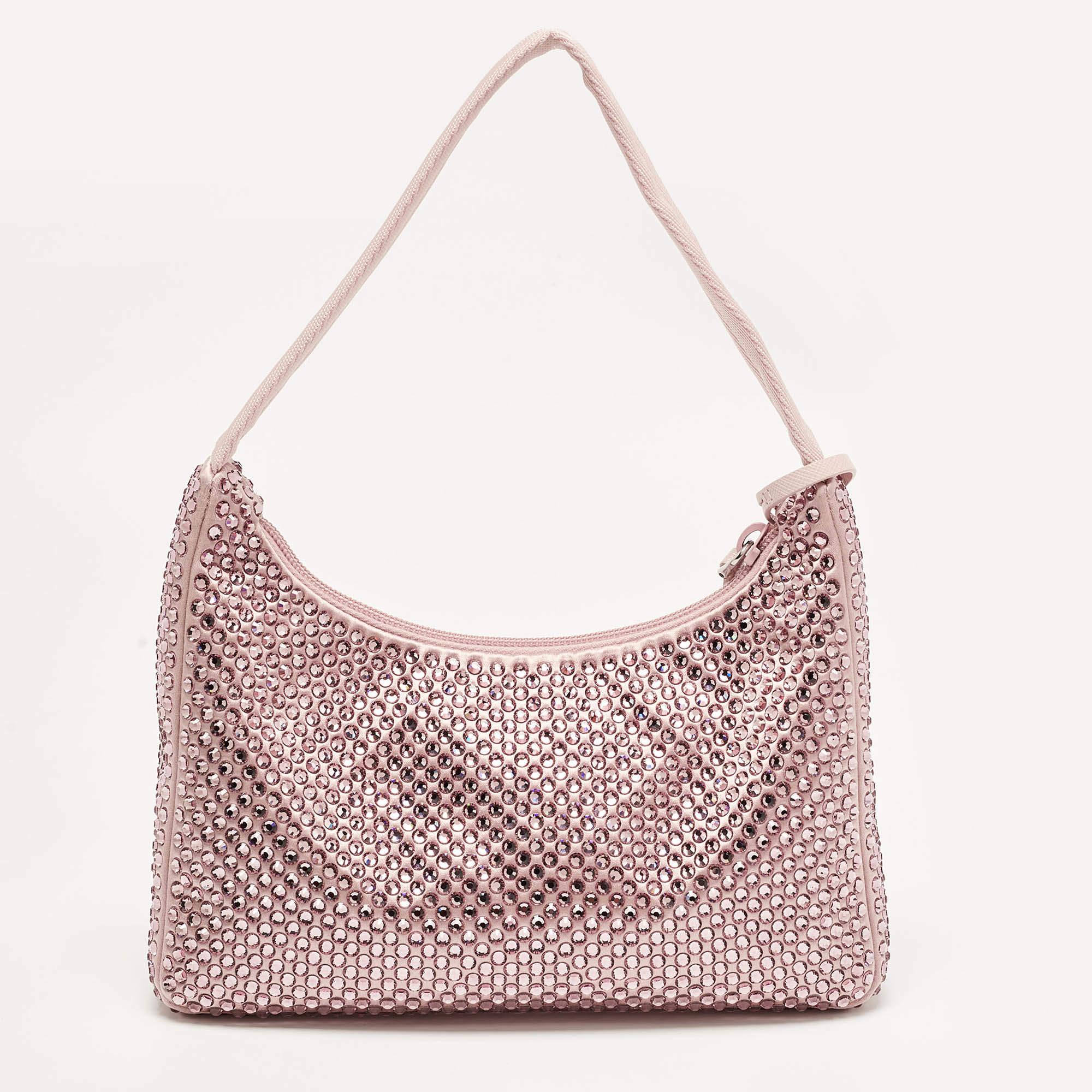 Sac Baguette Prada Rose Lights Satin Crystals Re-Edition 2000 en vente 3