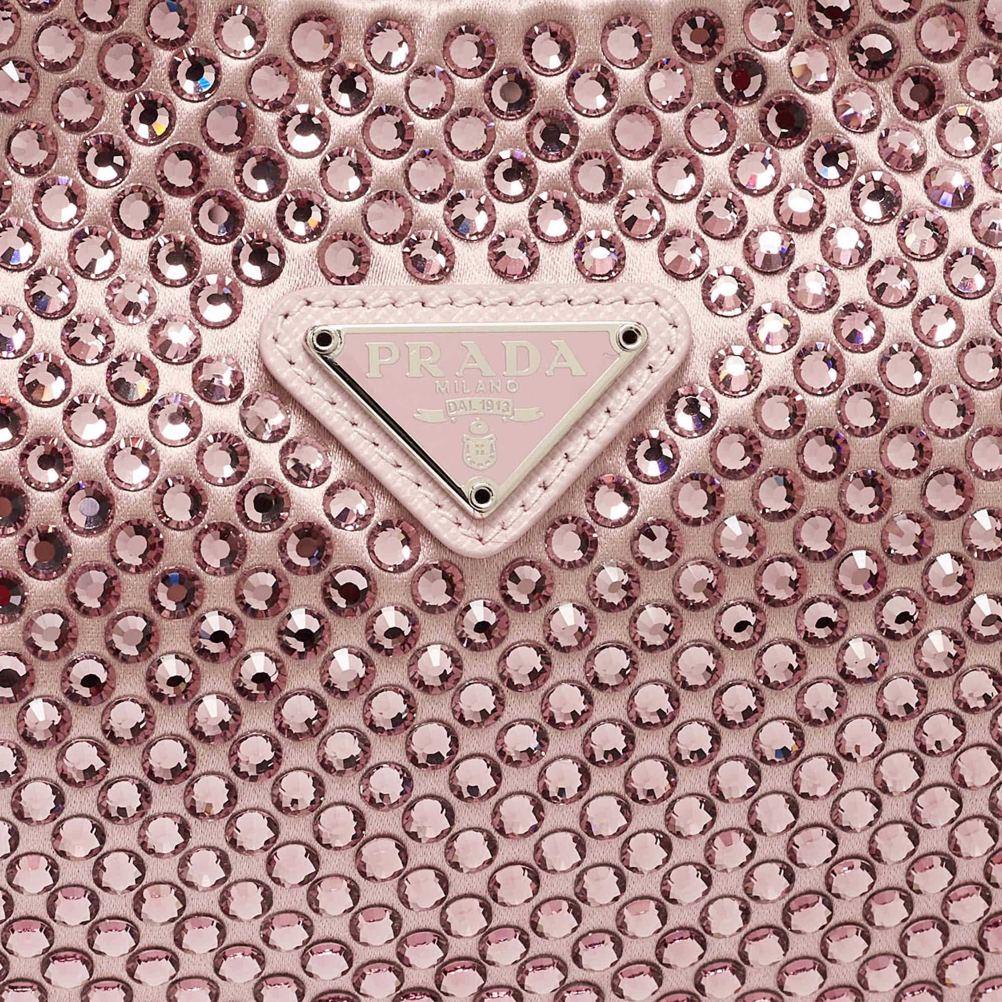 Prada Light Pink Satin Crystals Re-Edition 2000 Baguette Bag For Sale 4