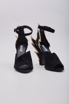 Prada Lightning Bolt Black Suede Gold Chunky Heels (EU 39)