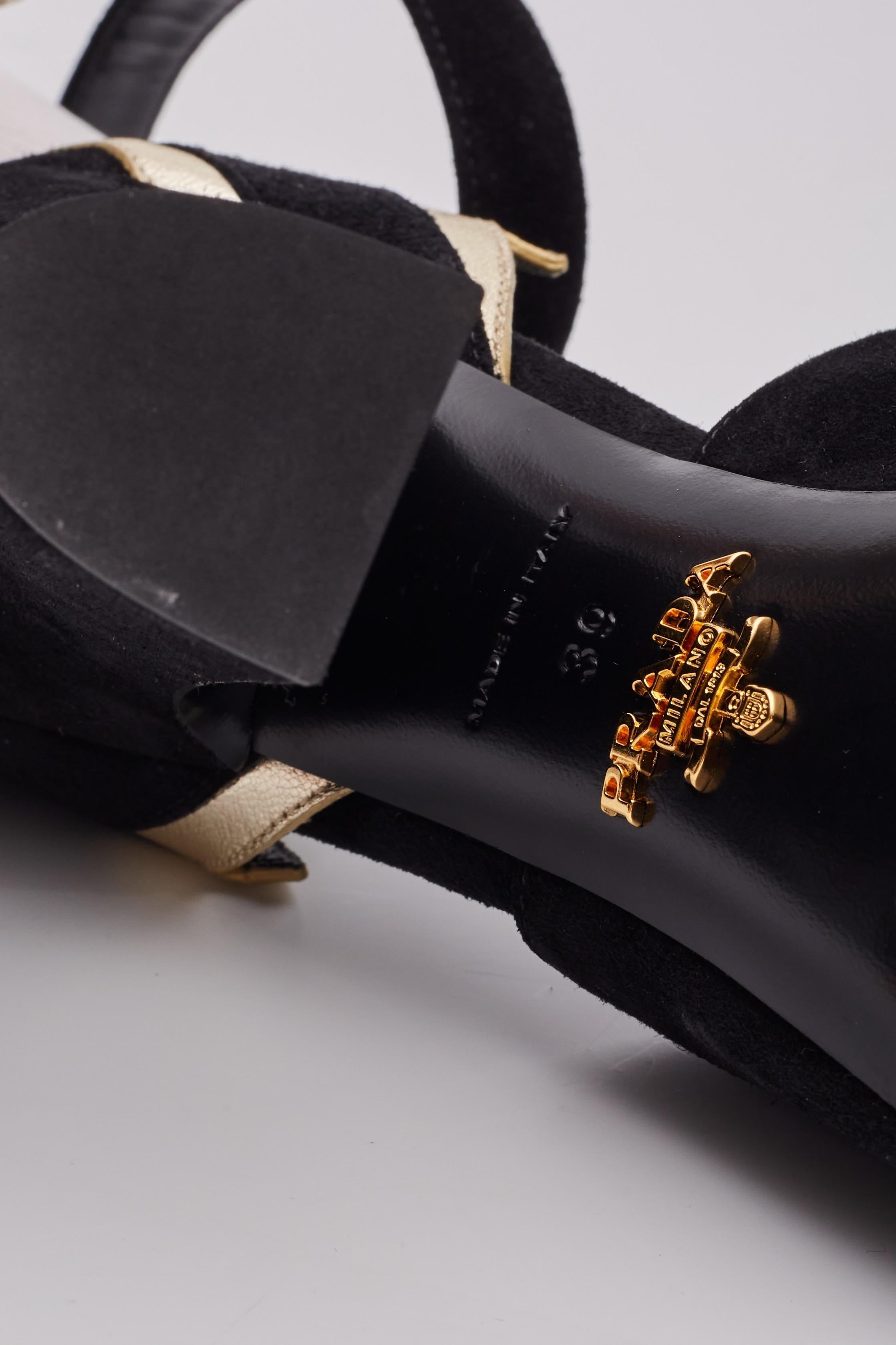 Women's Prada Lightning Bolt Black Suede Gold Chunky Heels (EU 39) For Sale