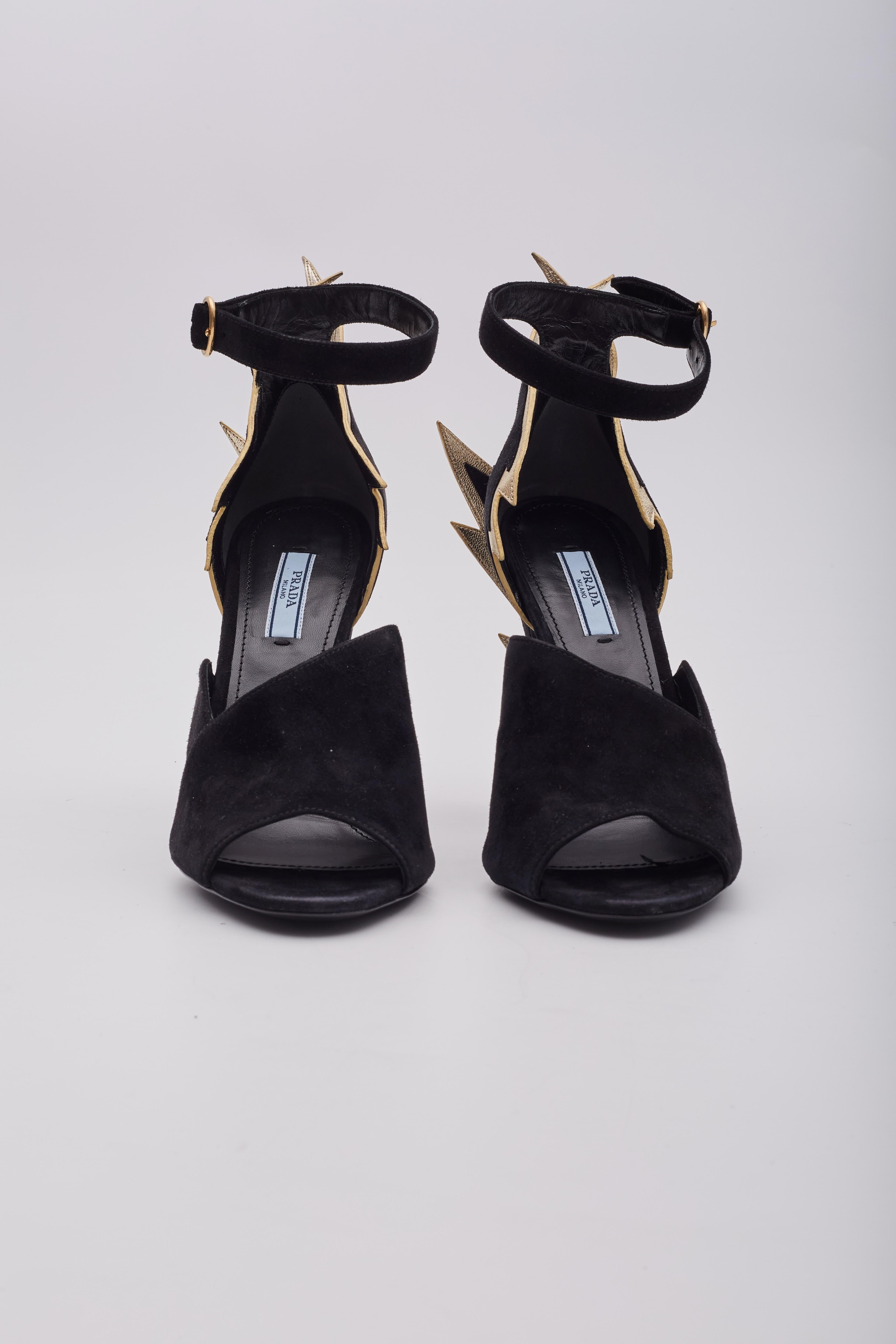 Prada Lightning Bolt Black Suede Gold Chunky Heels (EU 39) For Sale 1