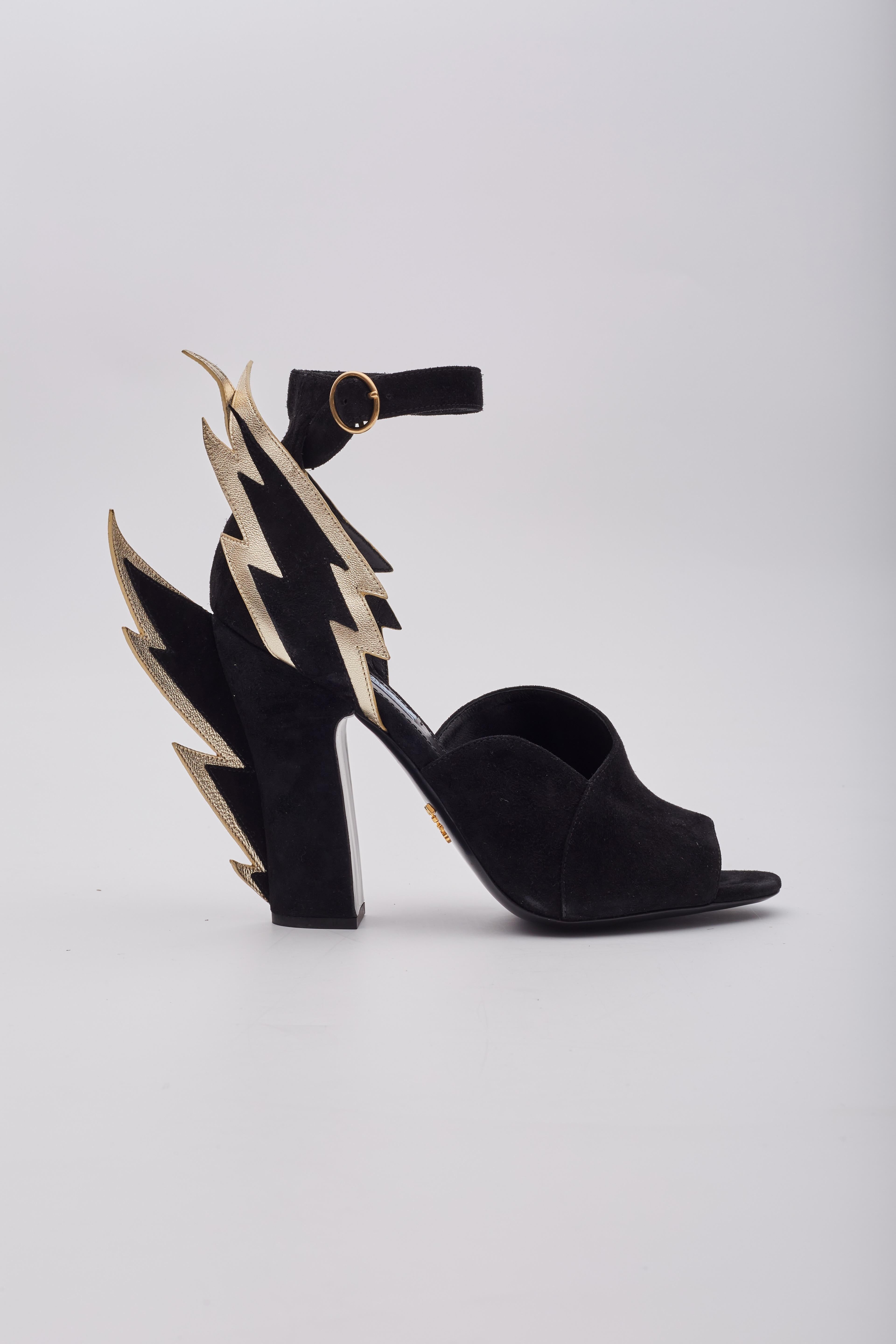 Prada Lightning Bolt Black Suede Gold Chunky Heels (EU 39) For Sale 2