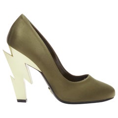 PRADA Lightning Bolt green silk satin gold metal heel pump EU38.5