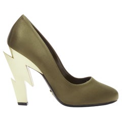 PRADA Lightning Bolt green silk satin gold metal heel pump EU38.5
