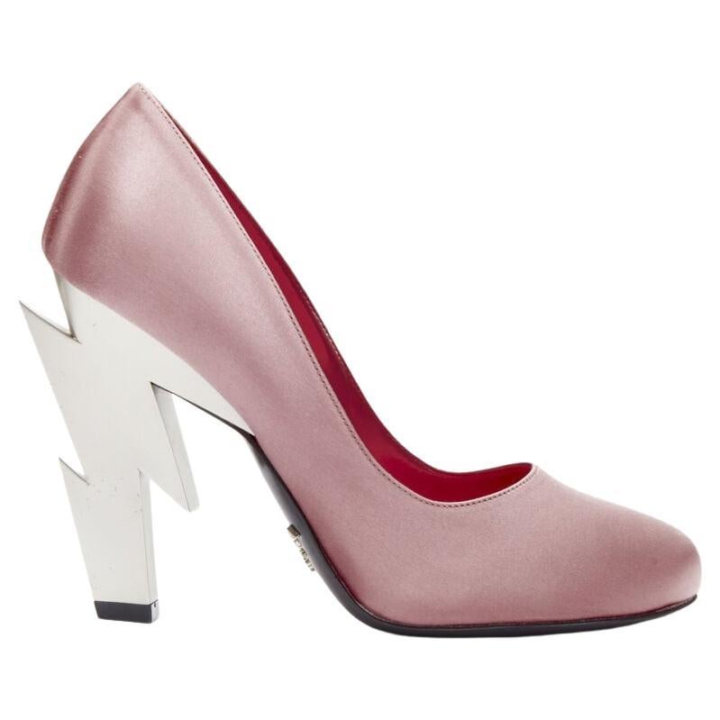 PRADA Lightning Bolt pink silk satin silver metal heel pump EU37 For Sale