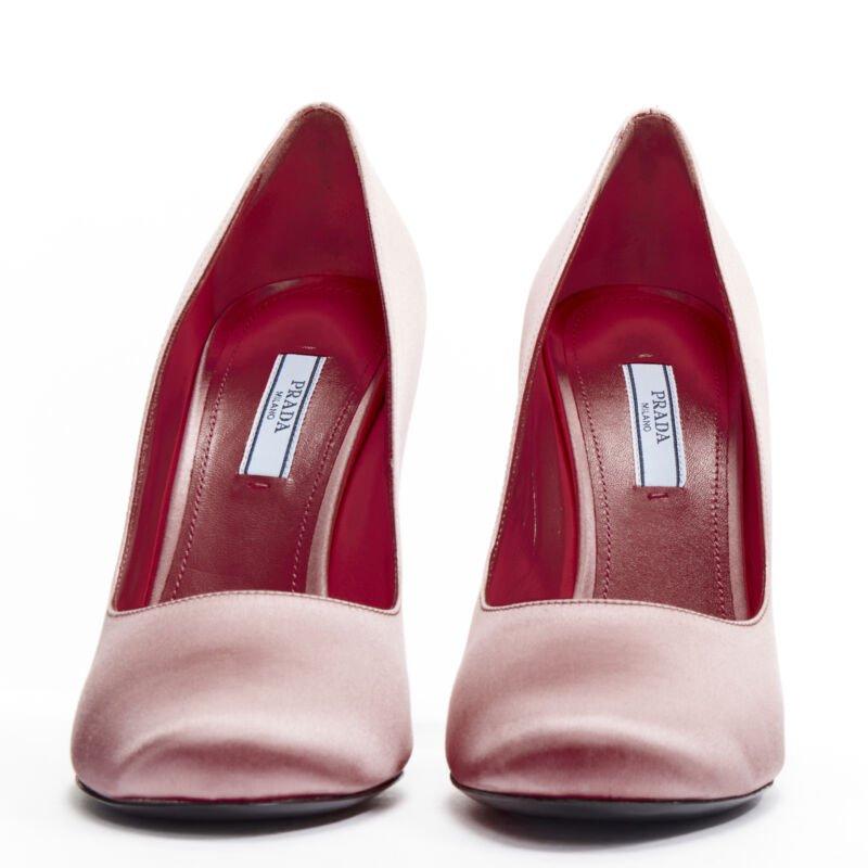 Beige PRADA Lightning Bolt pink silk satin silver metal heel pump EU38 For Sale