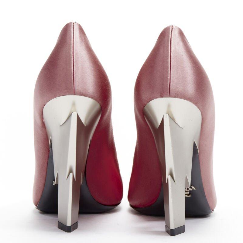 Women's PRADA Lightning Bolt pink silk satin silver metal heel pump EU38 For Sale