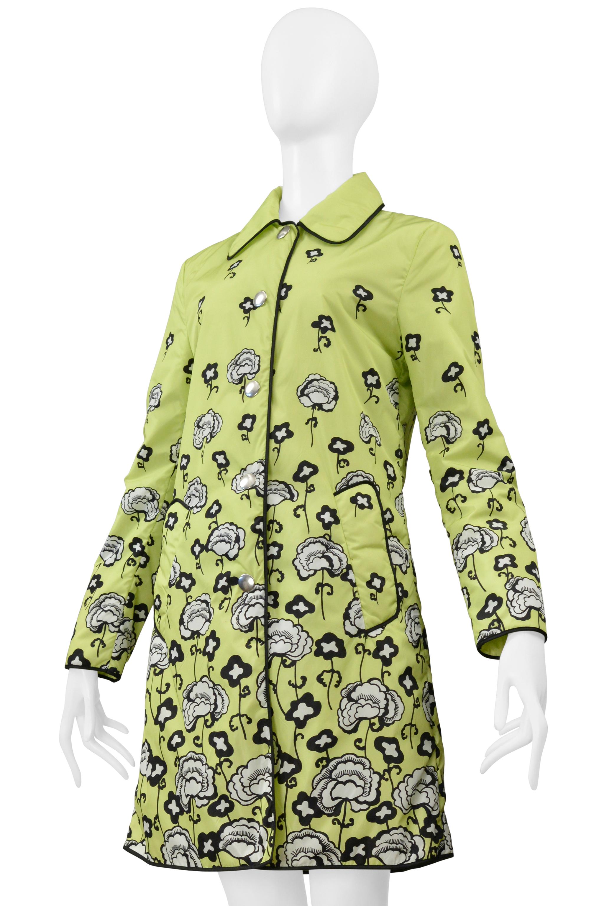 Beige Prada Lime Green Parka With Black & White Floral Print And Large Snaps