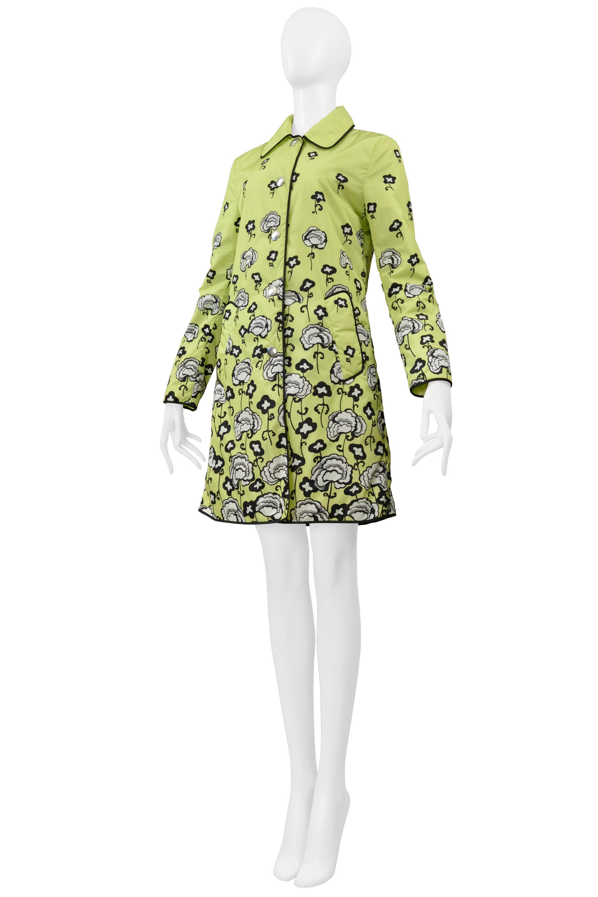 Prada Lime Green Parka With Black & White Floral Print And Large Snaps In Excellent Condition In Los Angeles, CA