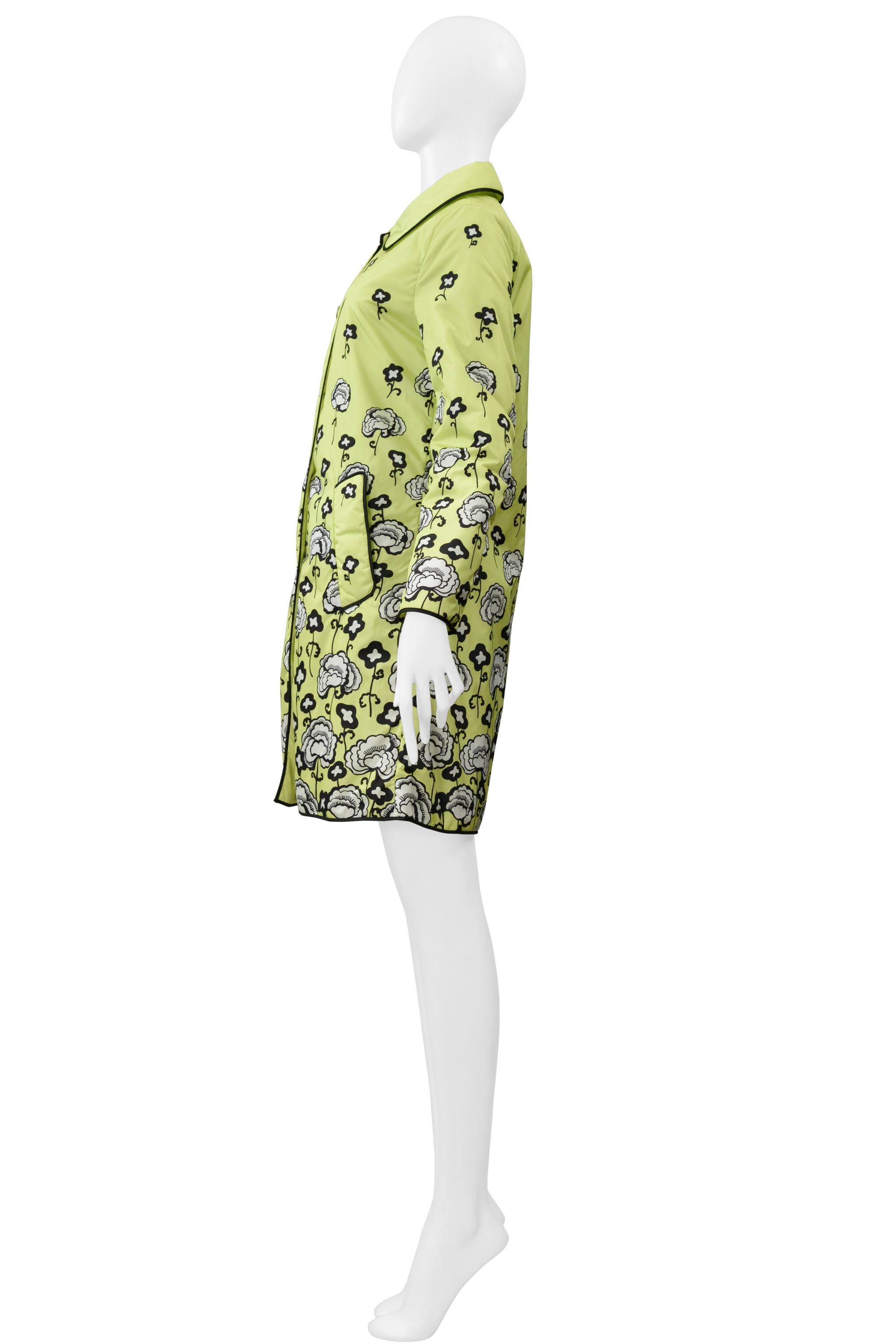Prada Lime Green Parka With Black & White Floral Print And Large Snaps 1