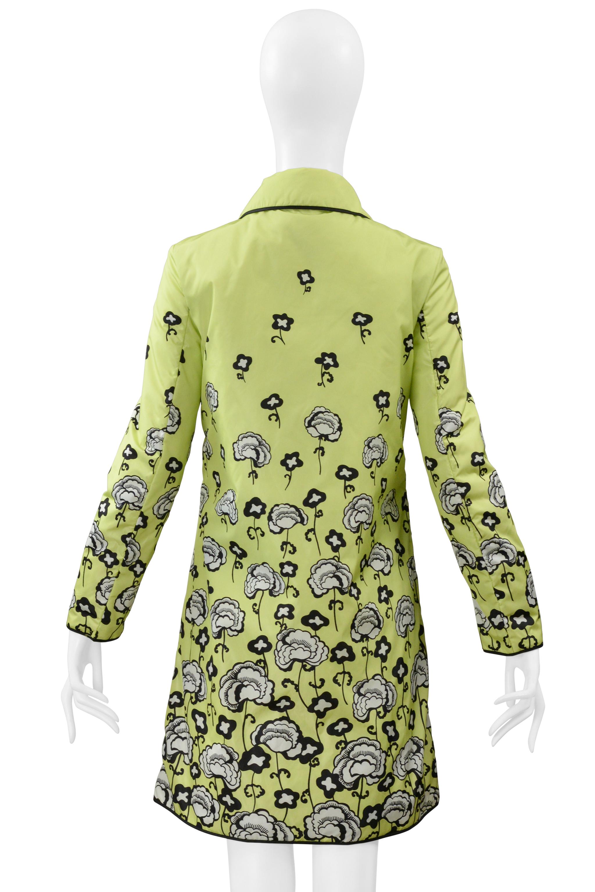 Prada Lime Green Parka With Black & White Floral Print And Large Snaps 2
