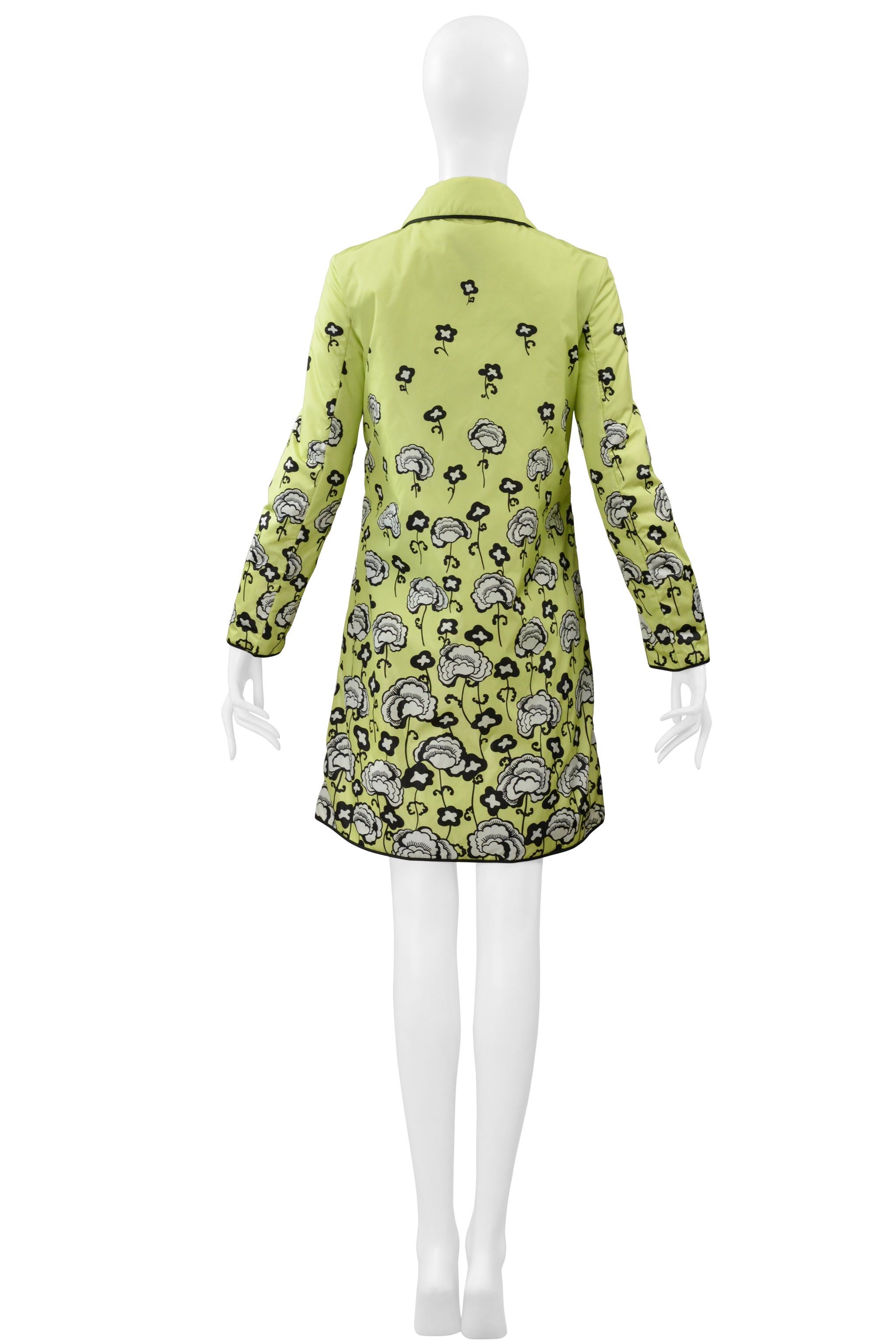 Prada Lime Green Parka With Black & White Floral Print And Large Snaps 3