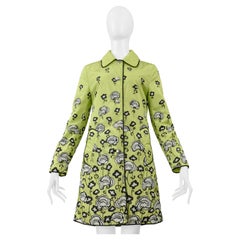 Prada Lime Green Parka With Black & White Floral Print And Large Snaps