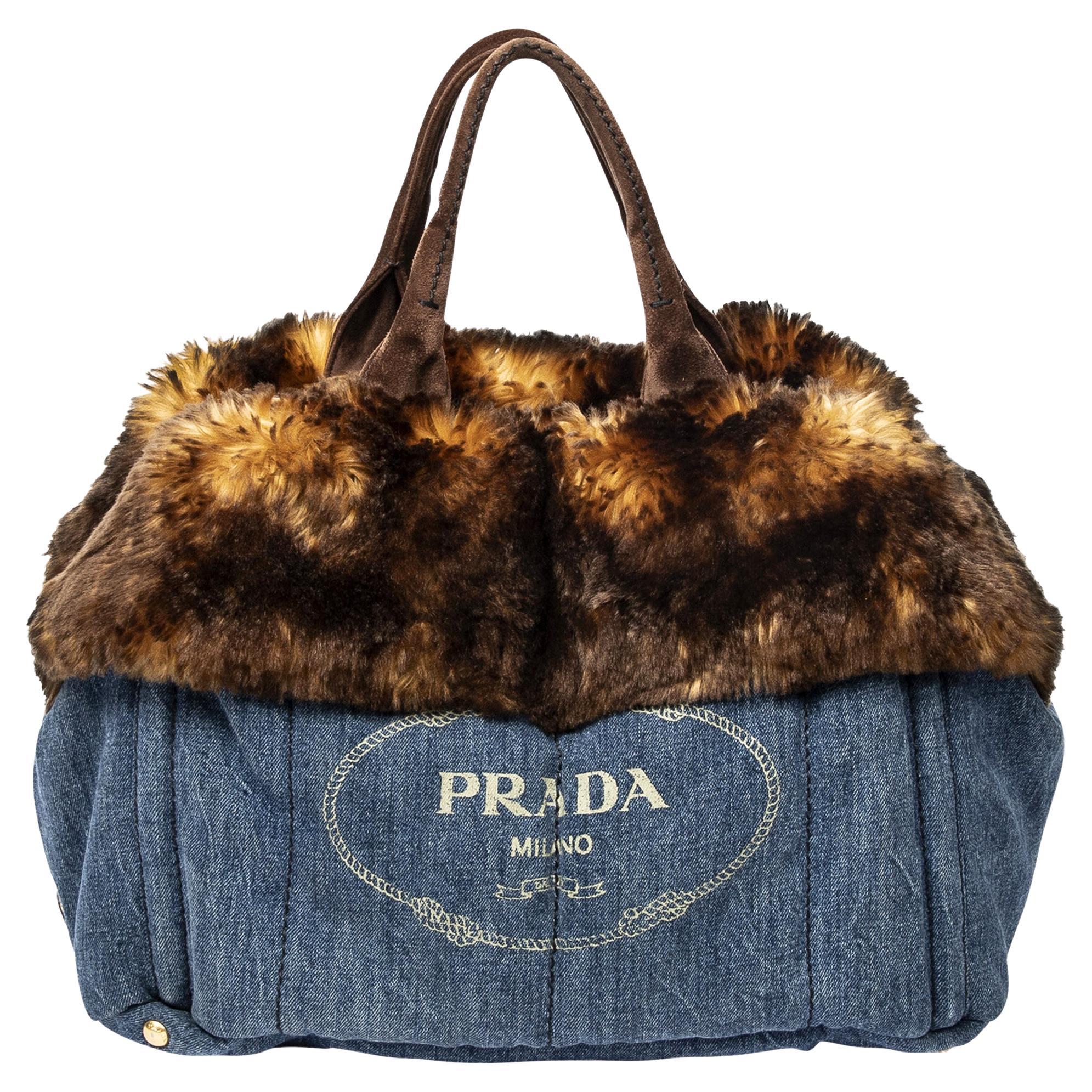 Prada Limited Edition Large Denim Fur Canapa Tote For Sale
