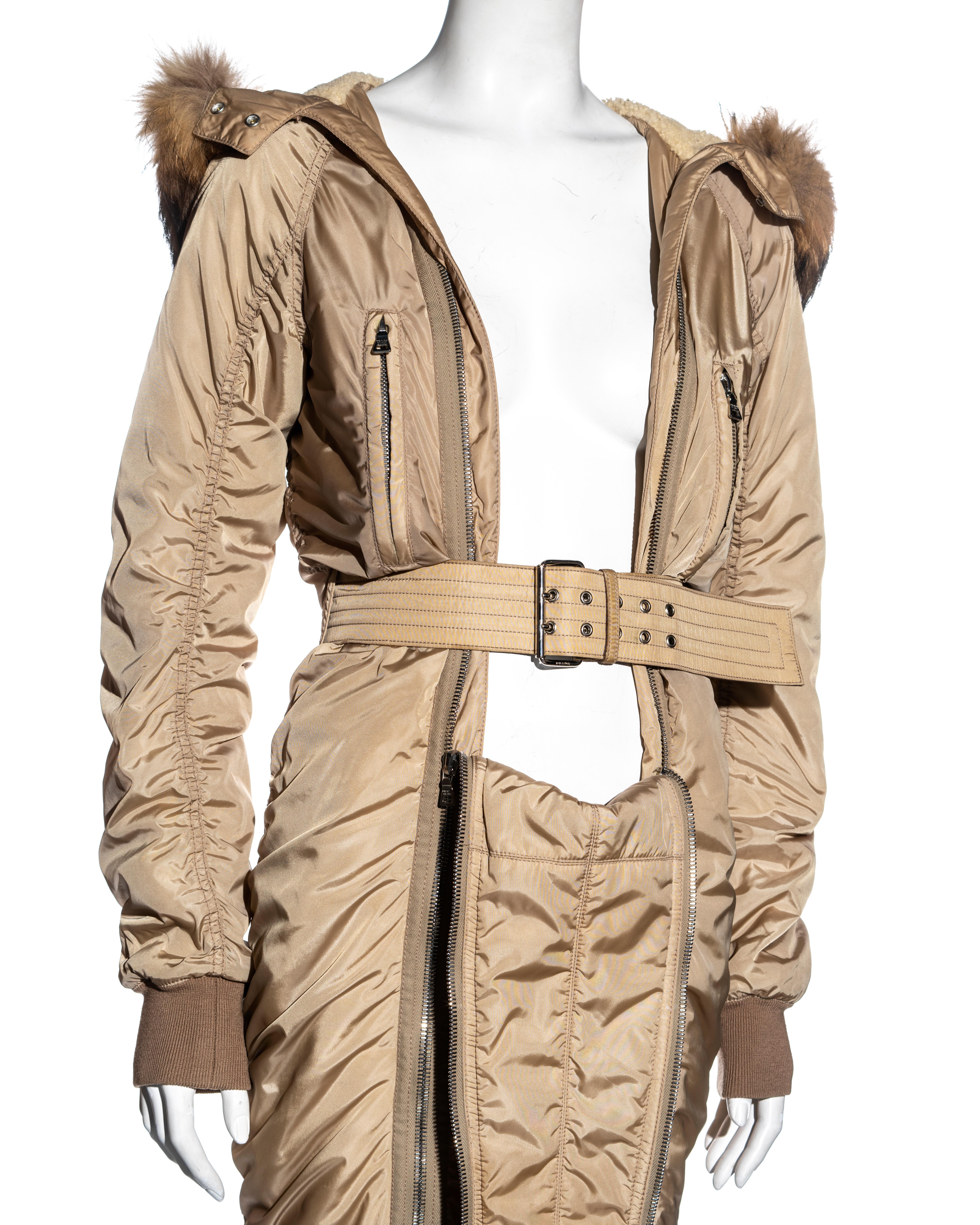 Brown Prada Linea Ross sand padded nylon ski suit with fur hood, fw 1999 For Sale