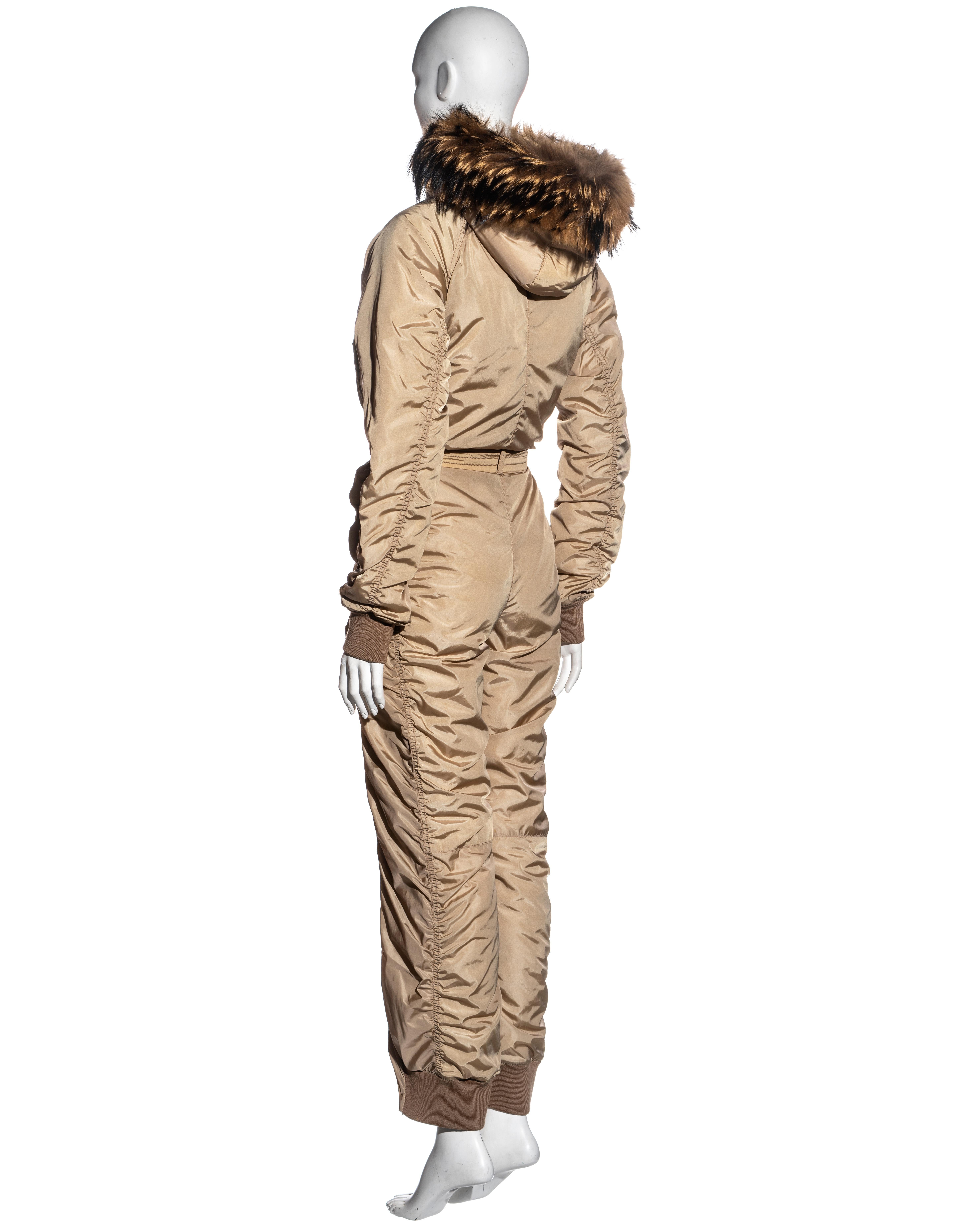 Women's Prada Linea Ross sand padded nylon ski suit with fur hood, fw 1999 For Sale