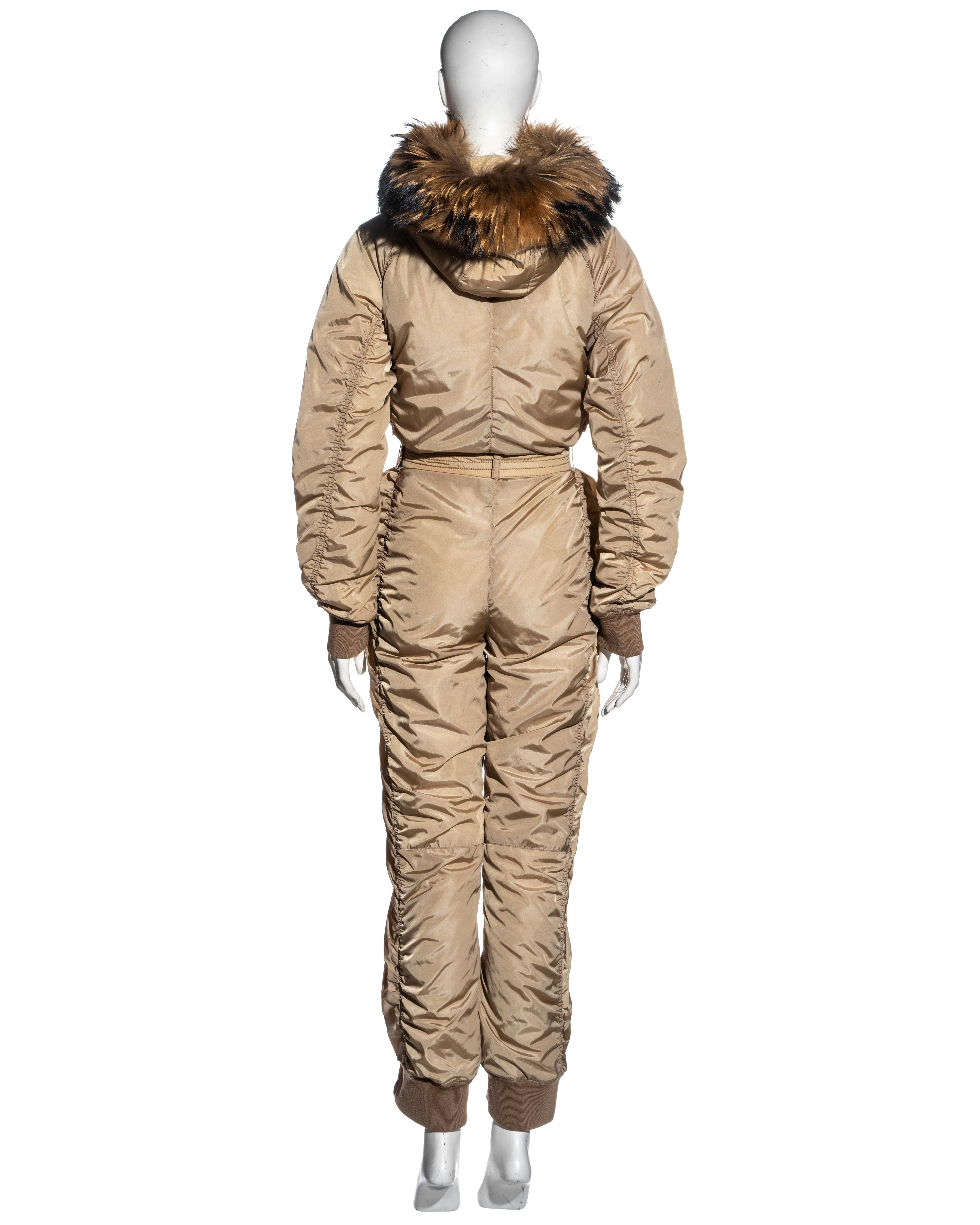 Prada Linea Ross sand padded nylon ski suit with fur hood, fw 1999 For Sale 1