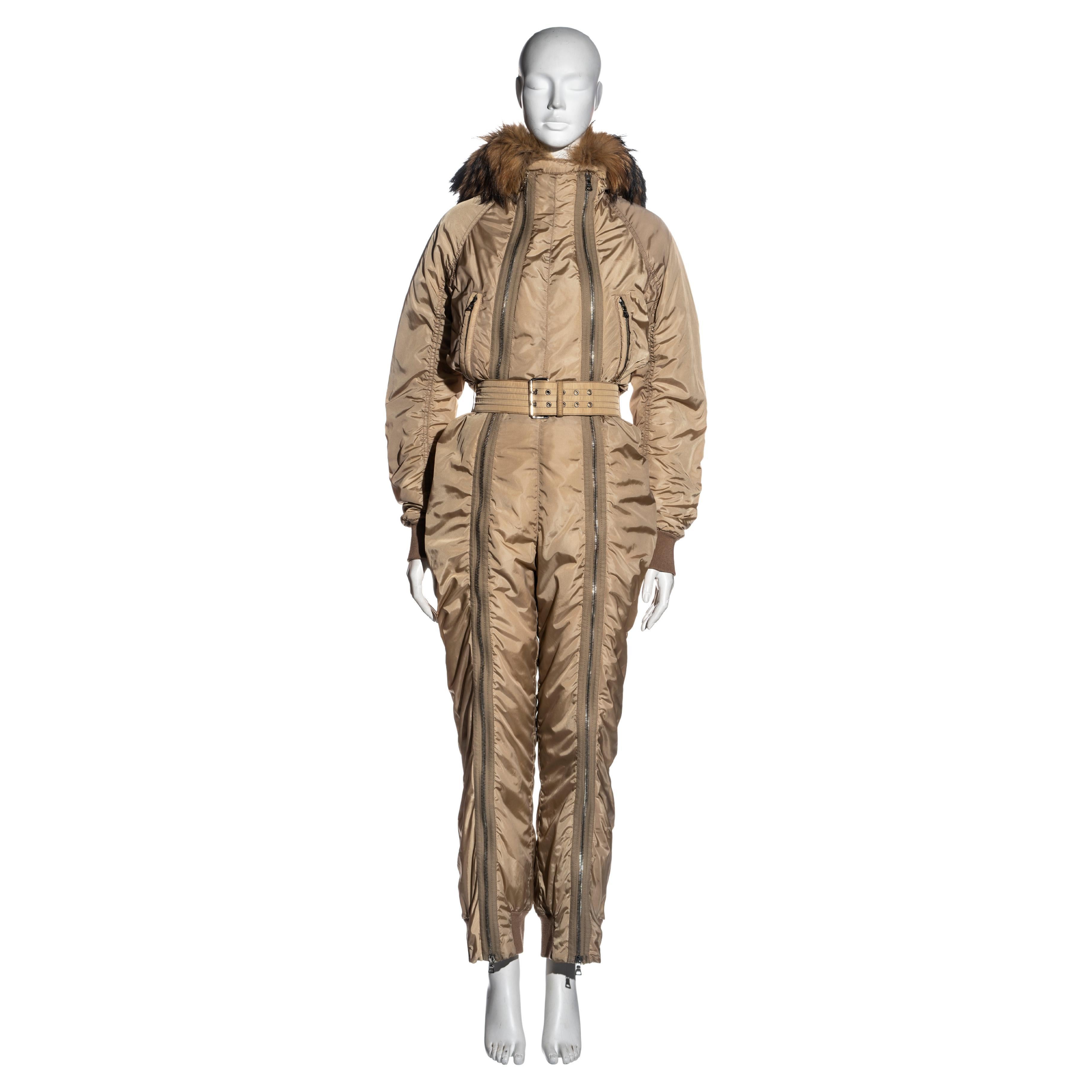 Prada Linea Ross sand padded nylon ski suit with fur hood, fw 1999 For Sale