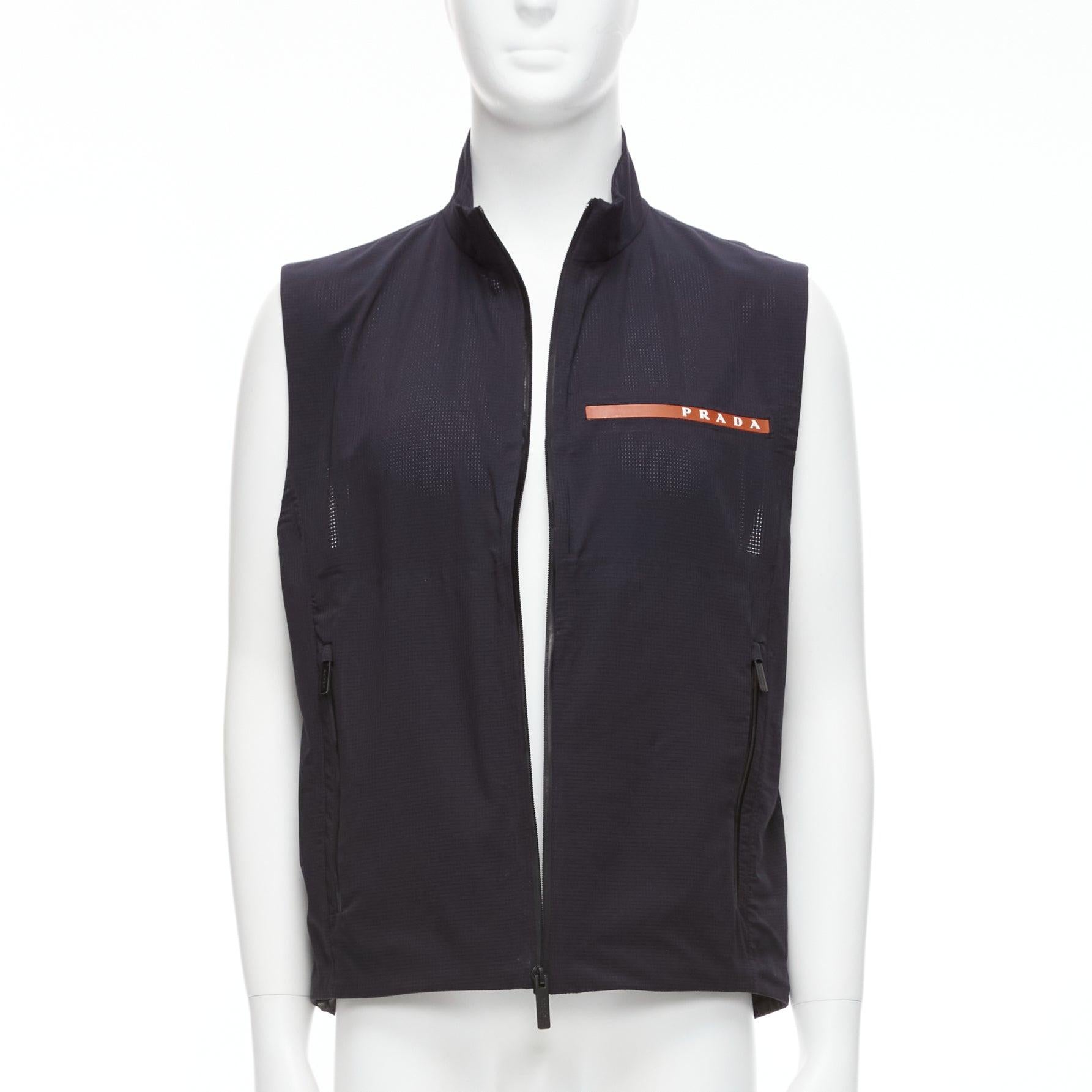 Black PRADA Linea Rossa 2019 red sports logo navy waffle technical zip up vest M