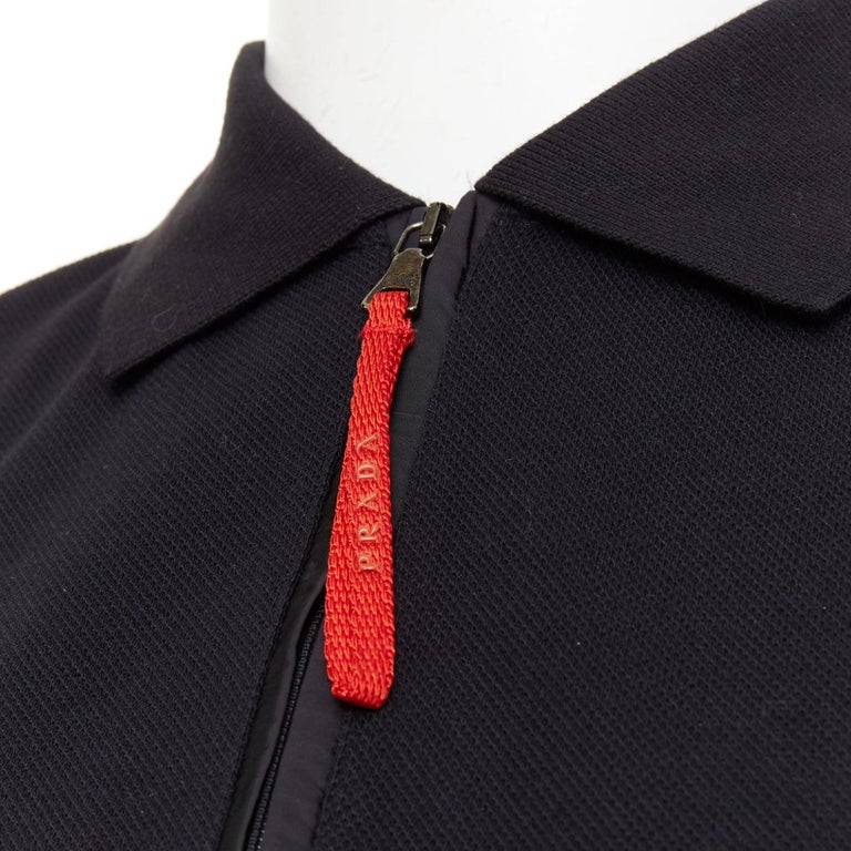 PRADA Linea Rossa black cotton pique red pull half zip polo shirt