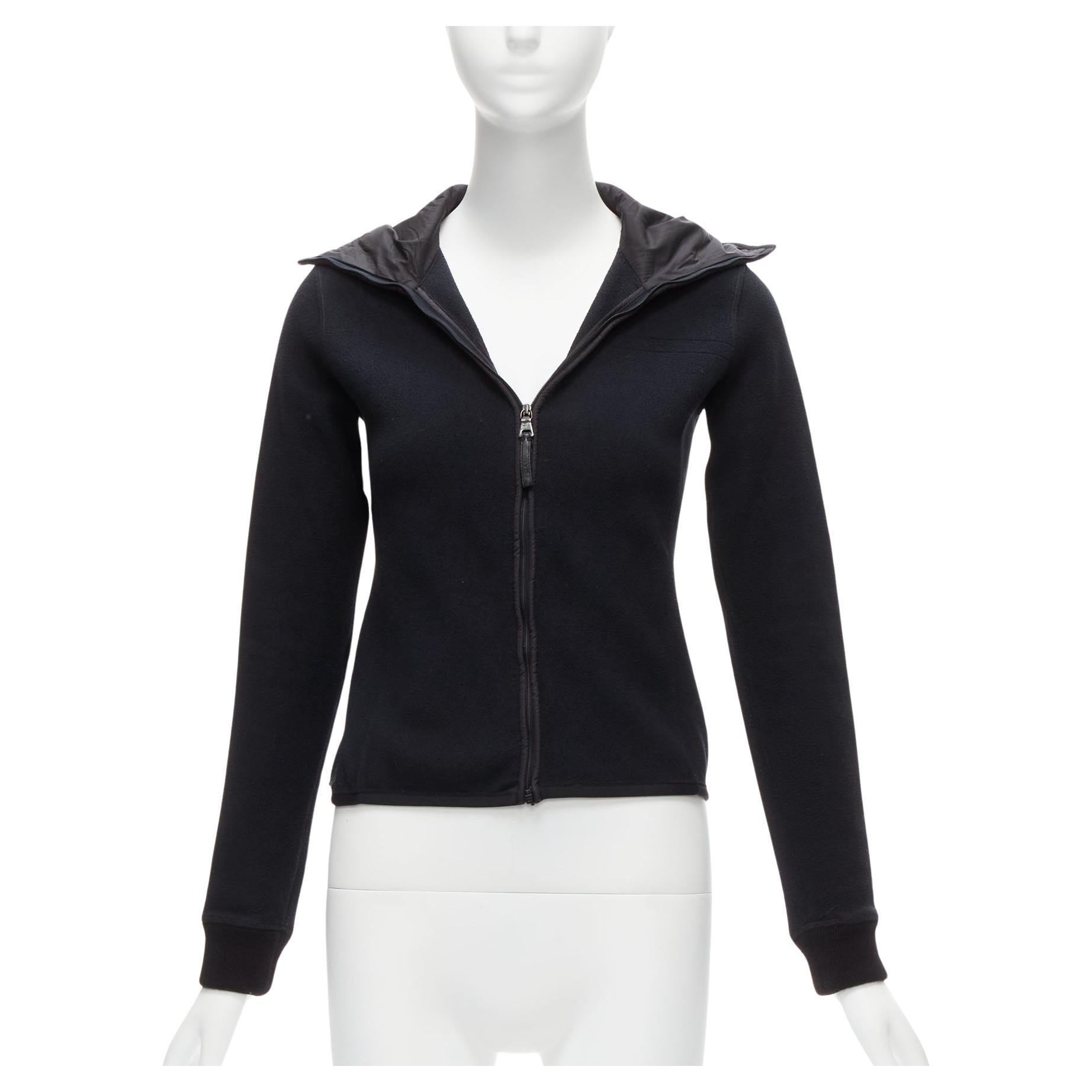 PRADA Linea Rossa black fleece leather tag zip up hooie jacket IT38 XS For Sale