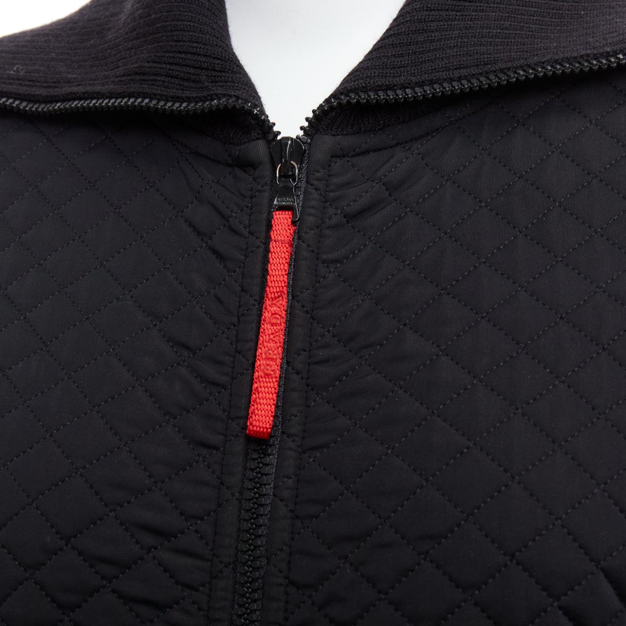 PRADA Linea Rossa black nylon blend red logo zip quilted zip up jacket L
Reference: CNPG/A00075
Brand: Prada
Designer: Miuccia Prada
Material: Nylon, Blend
Color: Black, Red
Pattern: Solid
Closure: Zip
Lining: Black Fabric
Extra Details: Black Prada
