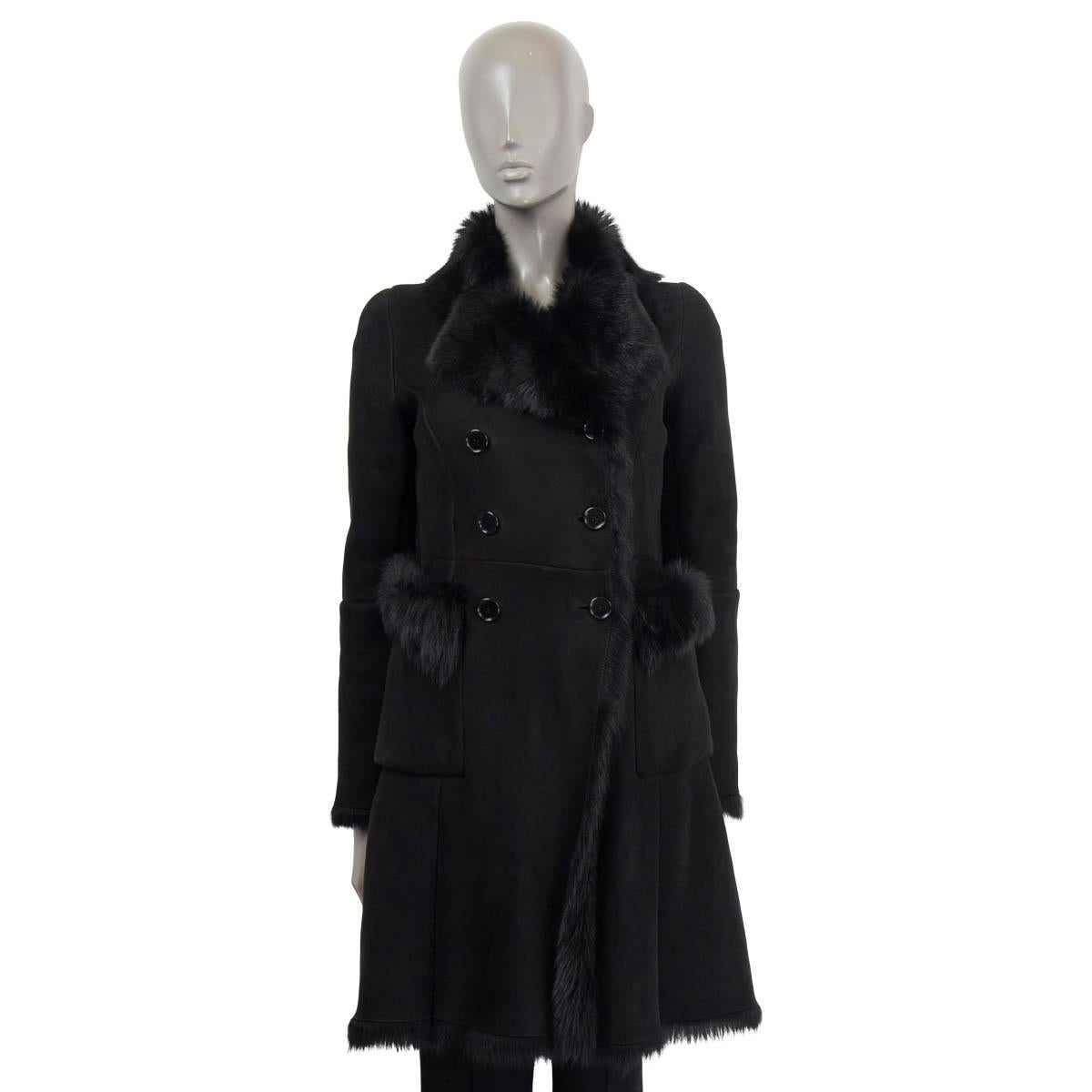 Black PRADA LINEA ROSSA black suede DOUBLE BREASTED SHEARLING Coat Jacket 42 S