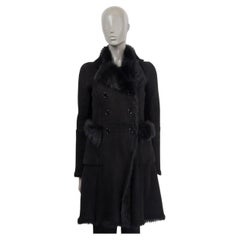PRADA LINEA ROSSA black suede DOUBLE BREASTED SHEARLING Coat Jacket 42 S
