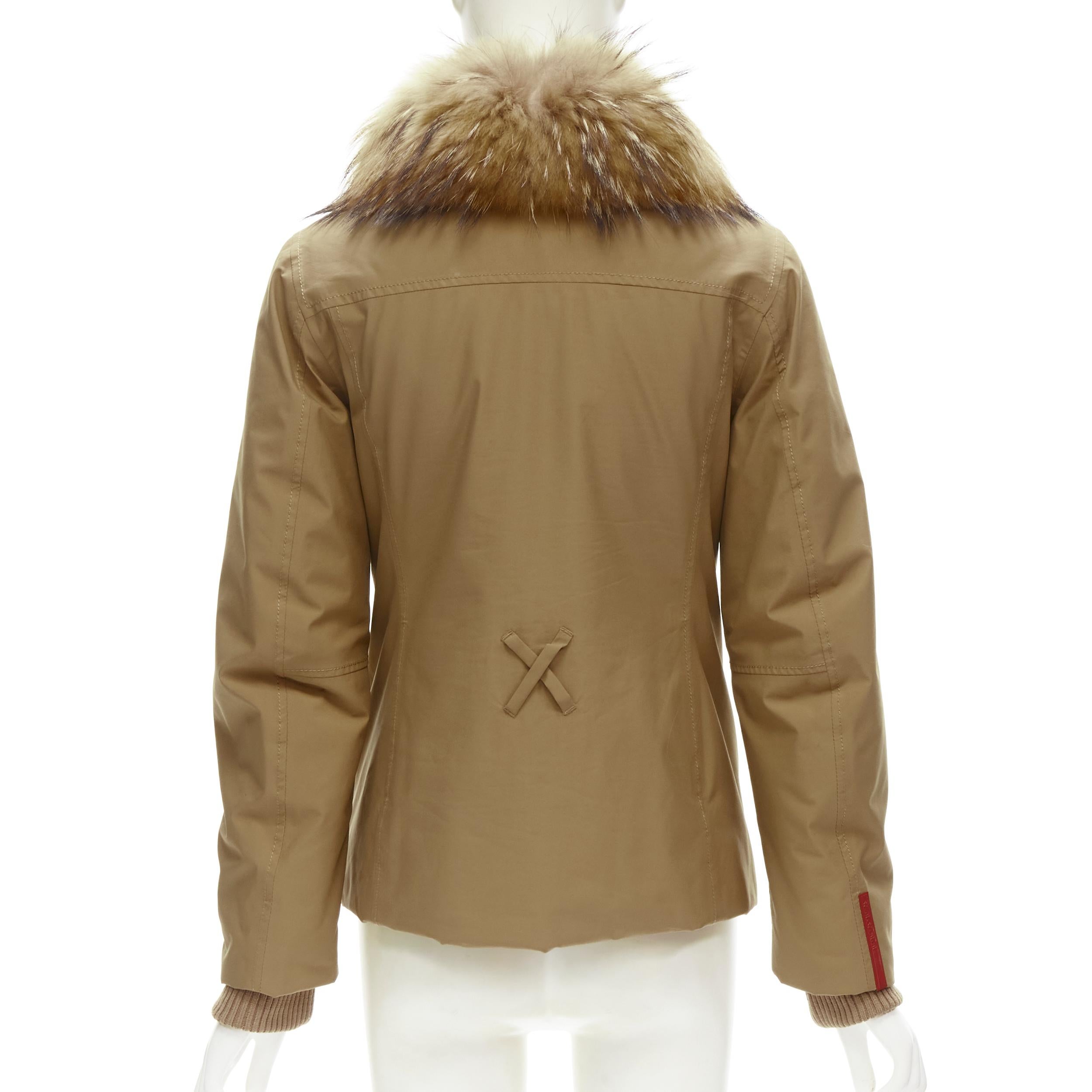 PRADA Linea Rossa light brown nylon fur collar padded parka jacket IT38 S In Excellent Condition For Sale In Hong Kong, NT