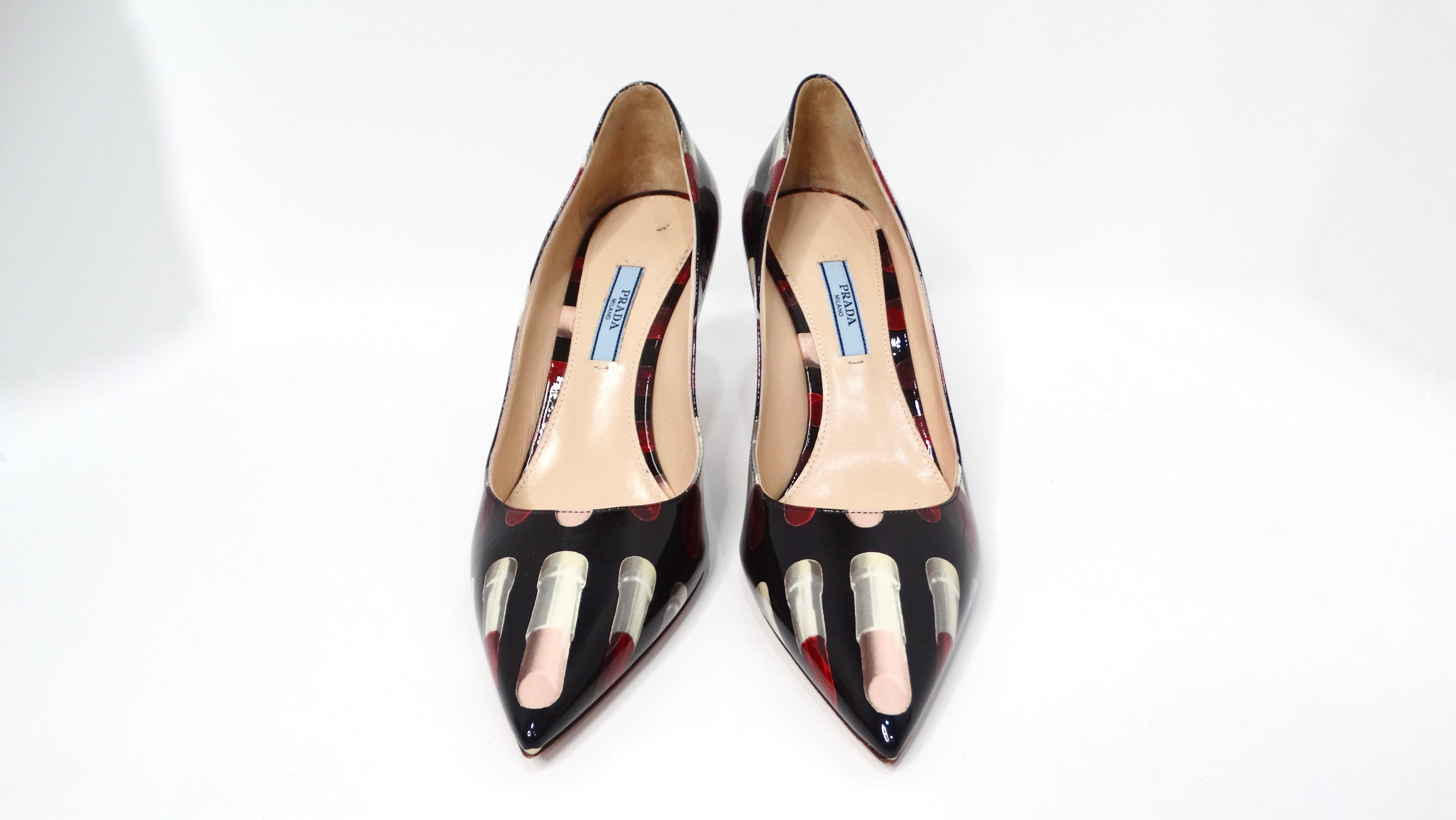 Beige Prada Lipstick Print Patent Leather Pumps For Sale
