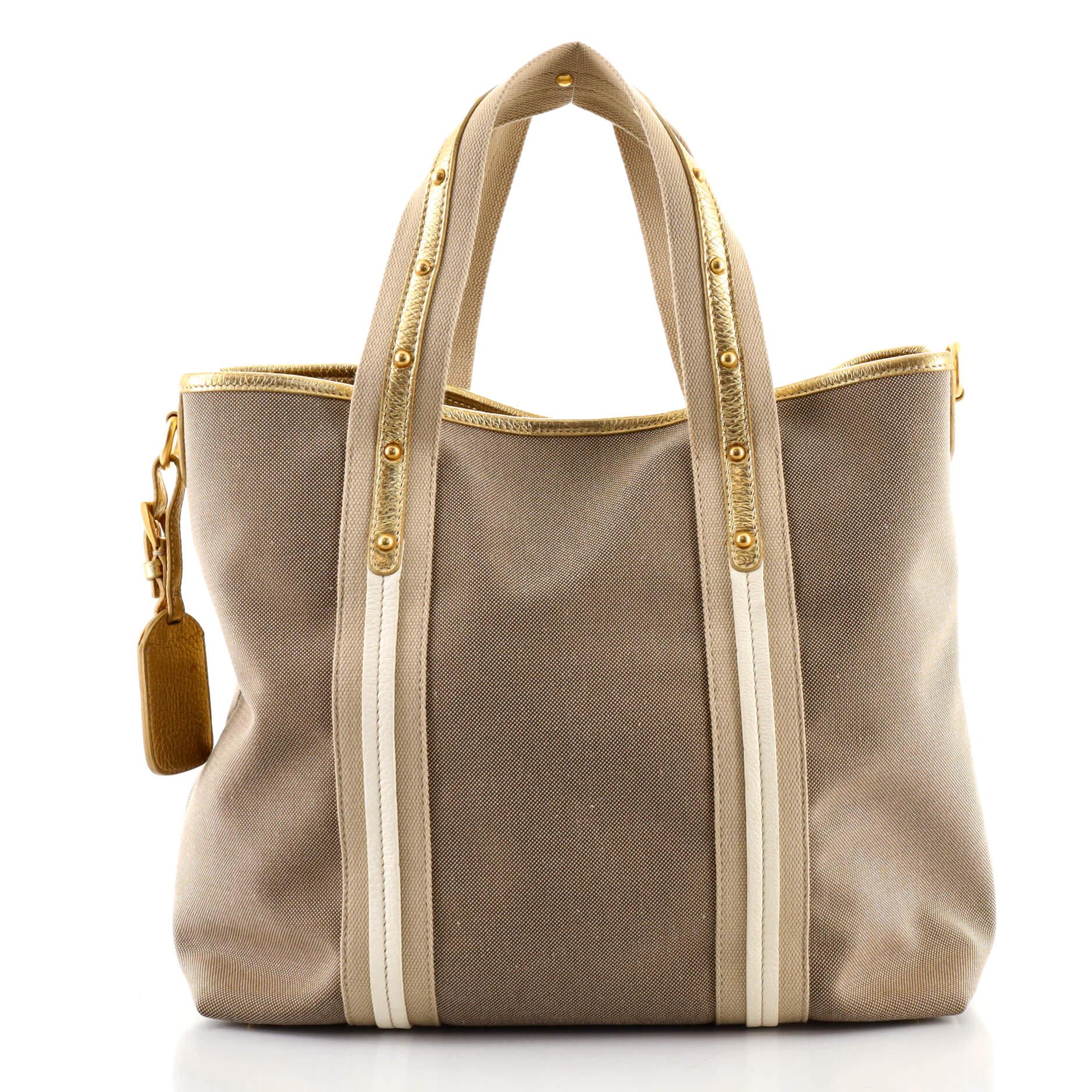 Brown Prada Logo Convertible Tote Canvas with Studded Leather Large