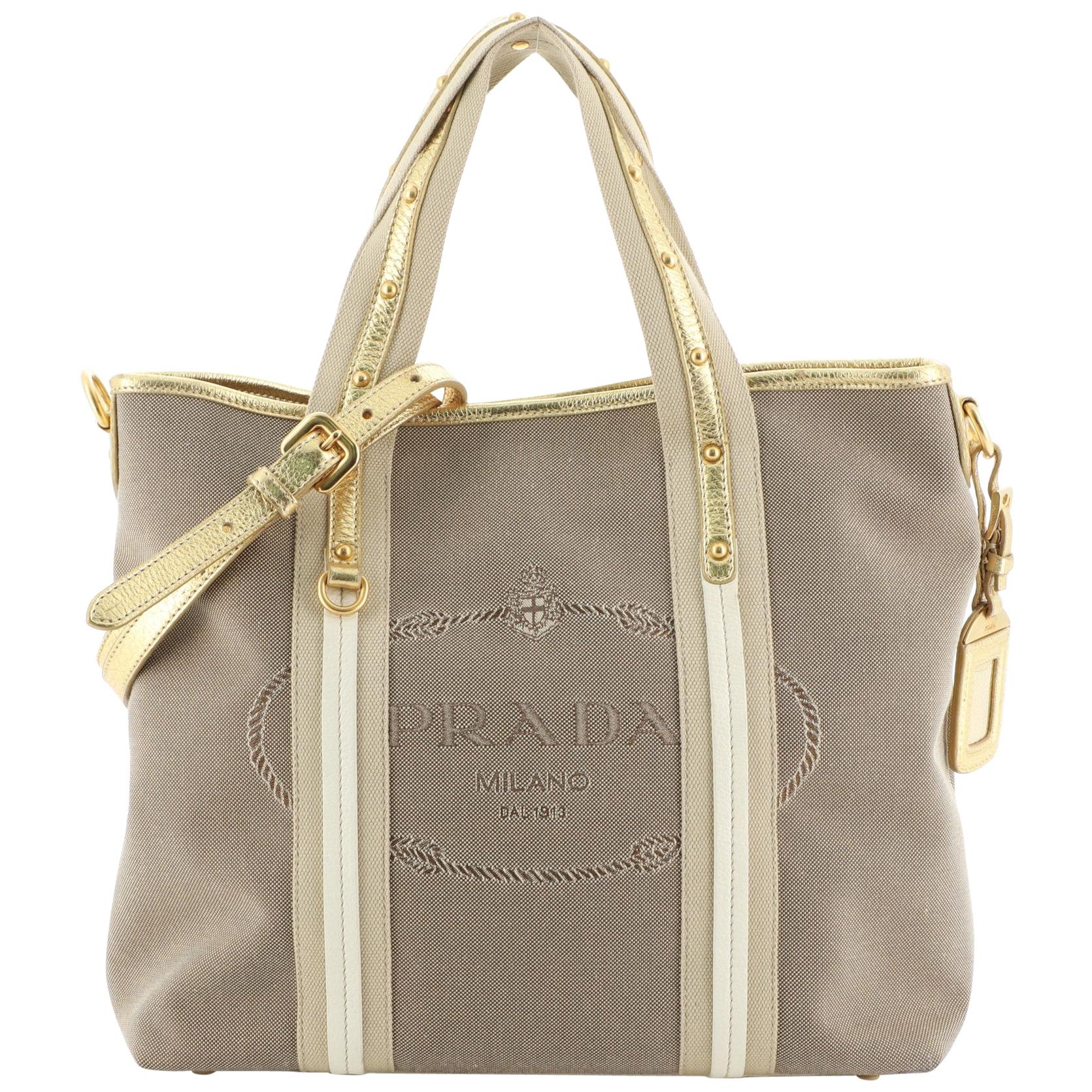 Prada Logo Convertible Tote Canvas with Studded Leather Large at 1stDibs