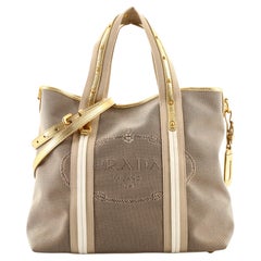 Prada Logo Convertible Tote Canvas with Studded Leather Large
