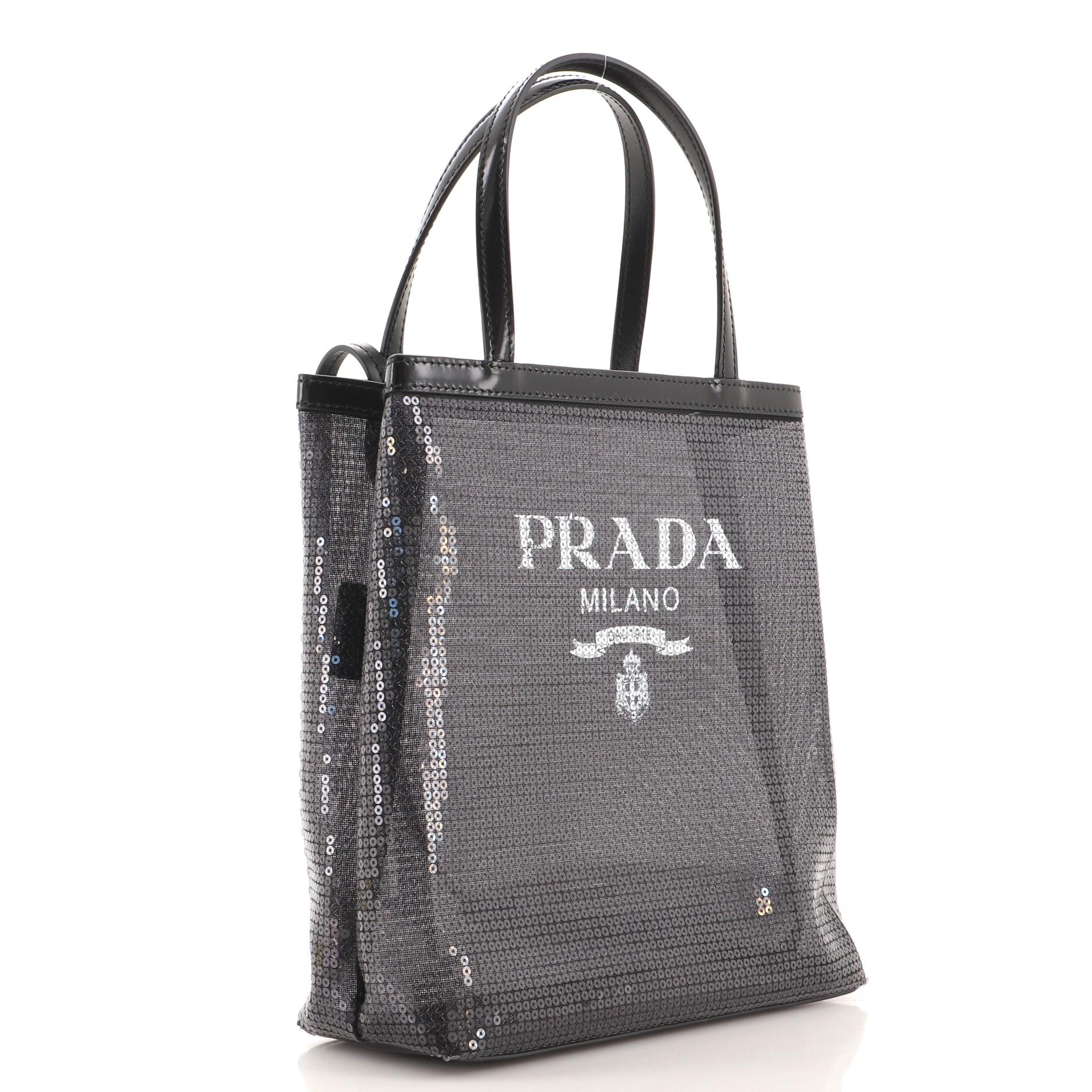 Gray Prada: Logo Convertible Tote Sequined Mesh Small