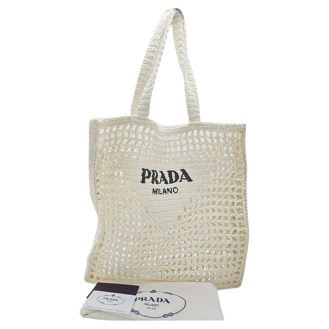 Prada Logo Crochet Raffia Shopper Tote 1BG393 For Sale