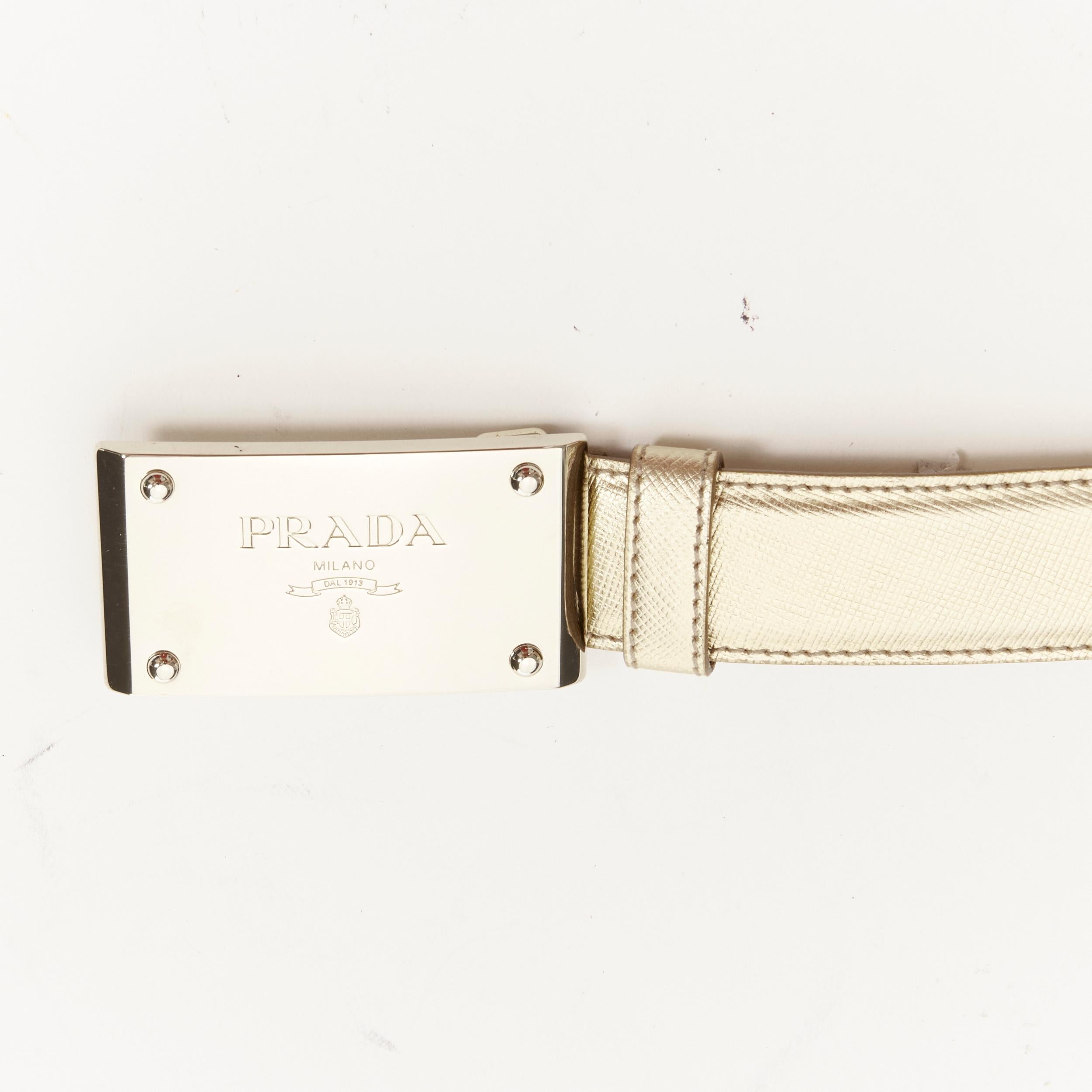 PRADA logo emboss metal buckle champagne gold saffiano leather belt 90cm 36