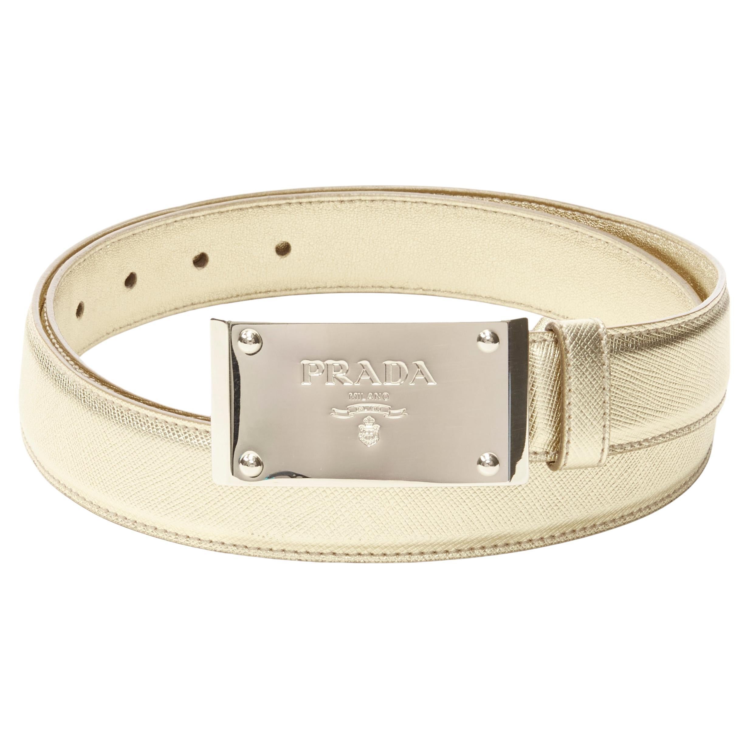 PRADA logo emboss metal buckle champagne gold saffiano leather belt 90cm  36