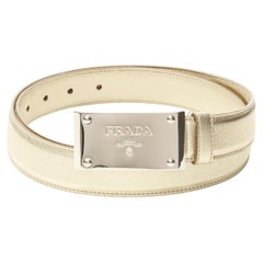 PRADA logo emboss metal buckle champagne gold saffiano leather belt 90cm 36"