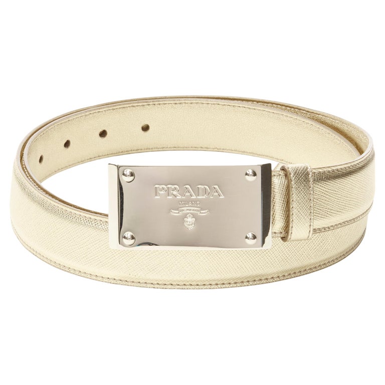 PRADA logo emboss metal buckle champagne gold saffiano leather belt 90cm  36" For Sale at 1stDibs